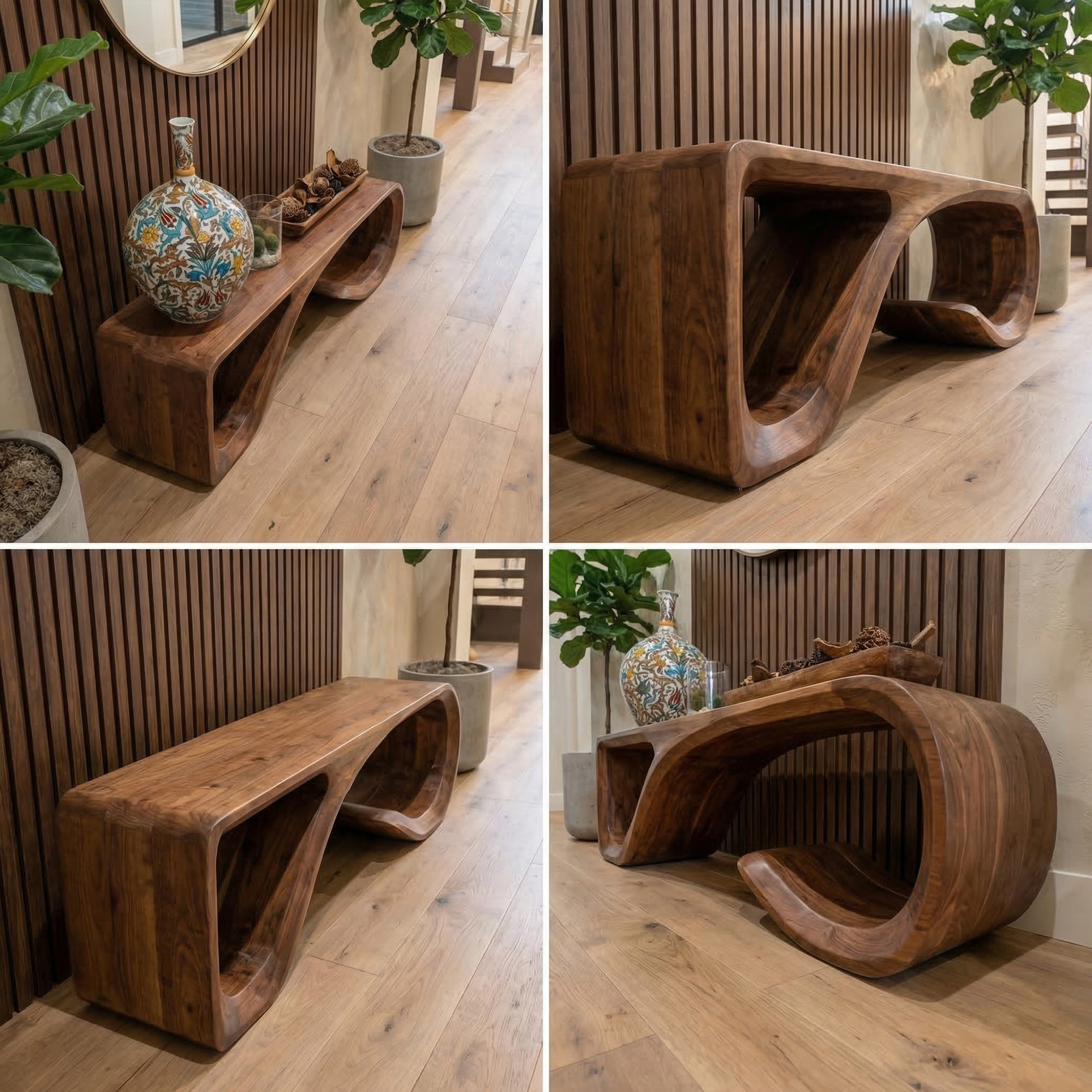 Modern Solid Wood Bench Sculptural Curved Base Entryway And Living Room SINLKIRS090