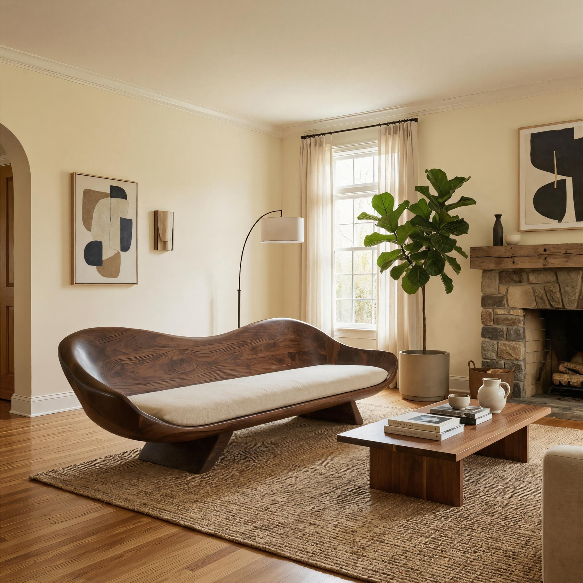 Modern Sculptural Wood Sofa Living Room Organic Curved Couch Statement Furniture SINLKISF010