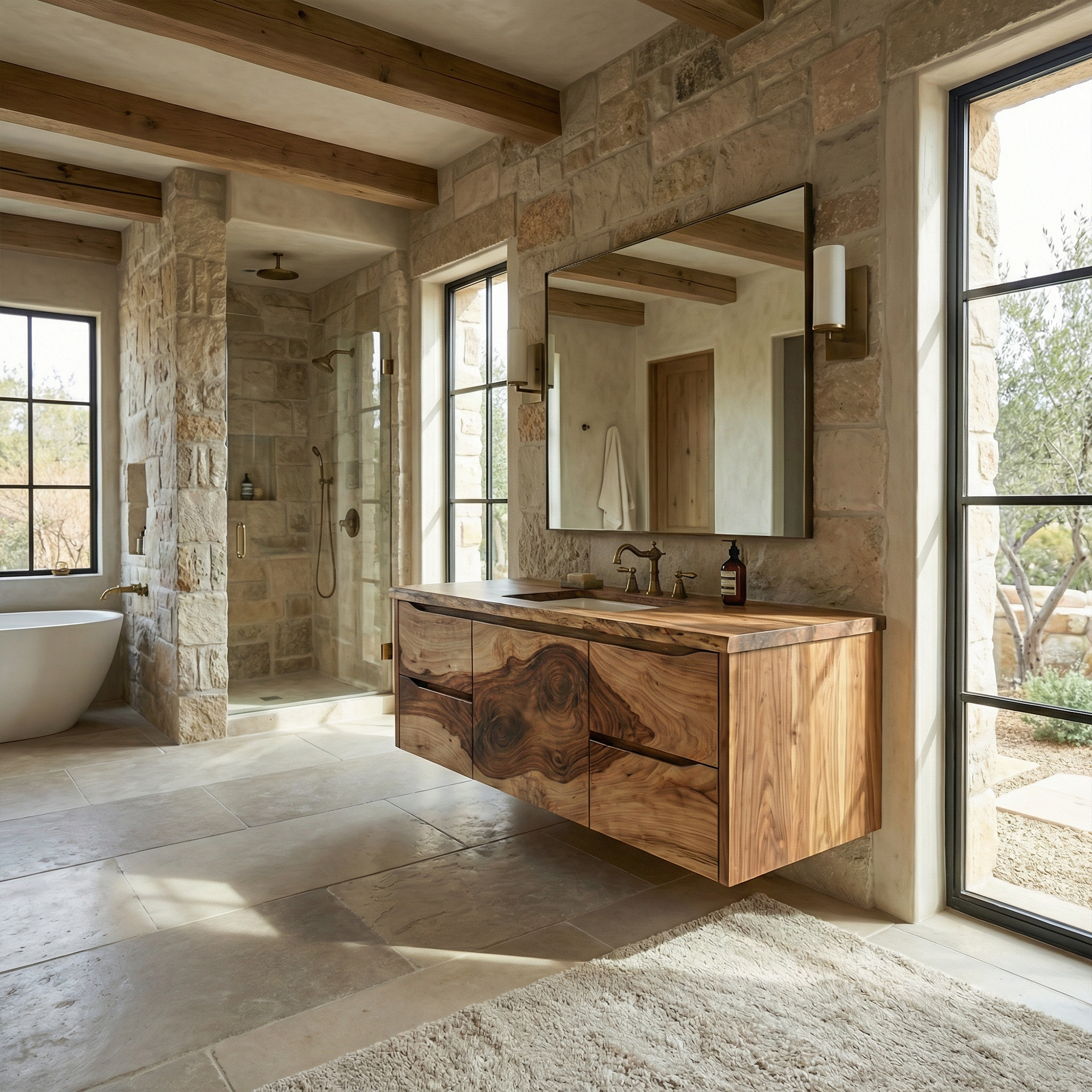 Modern Floating Solid Wood Bathroom Vanity Natural Slab Storage Cabinet SINLKIBRV271