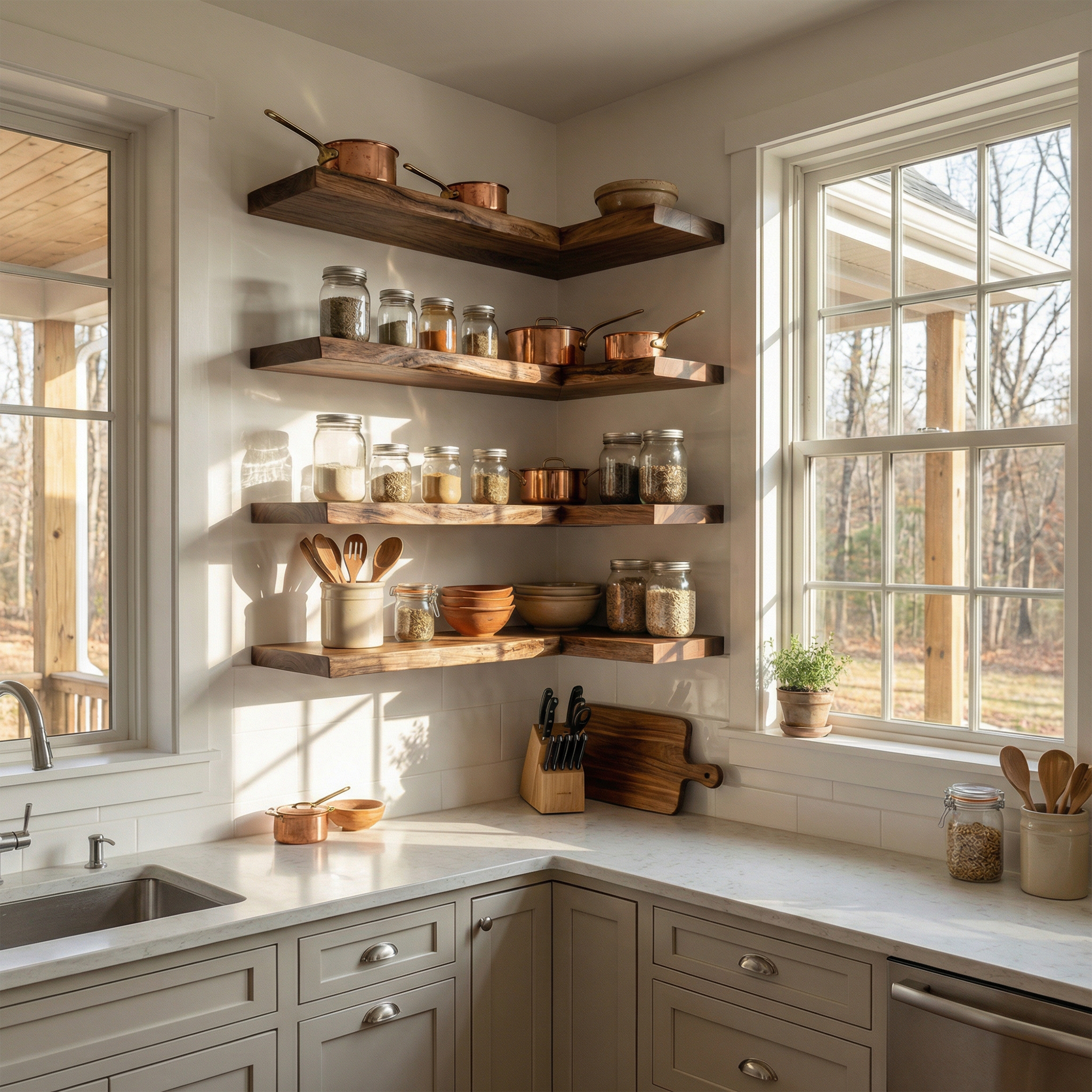 Modern L Shape Floating Kitchen Shelves Corner Wall Storage Display SINLKIFL476
