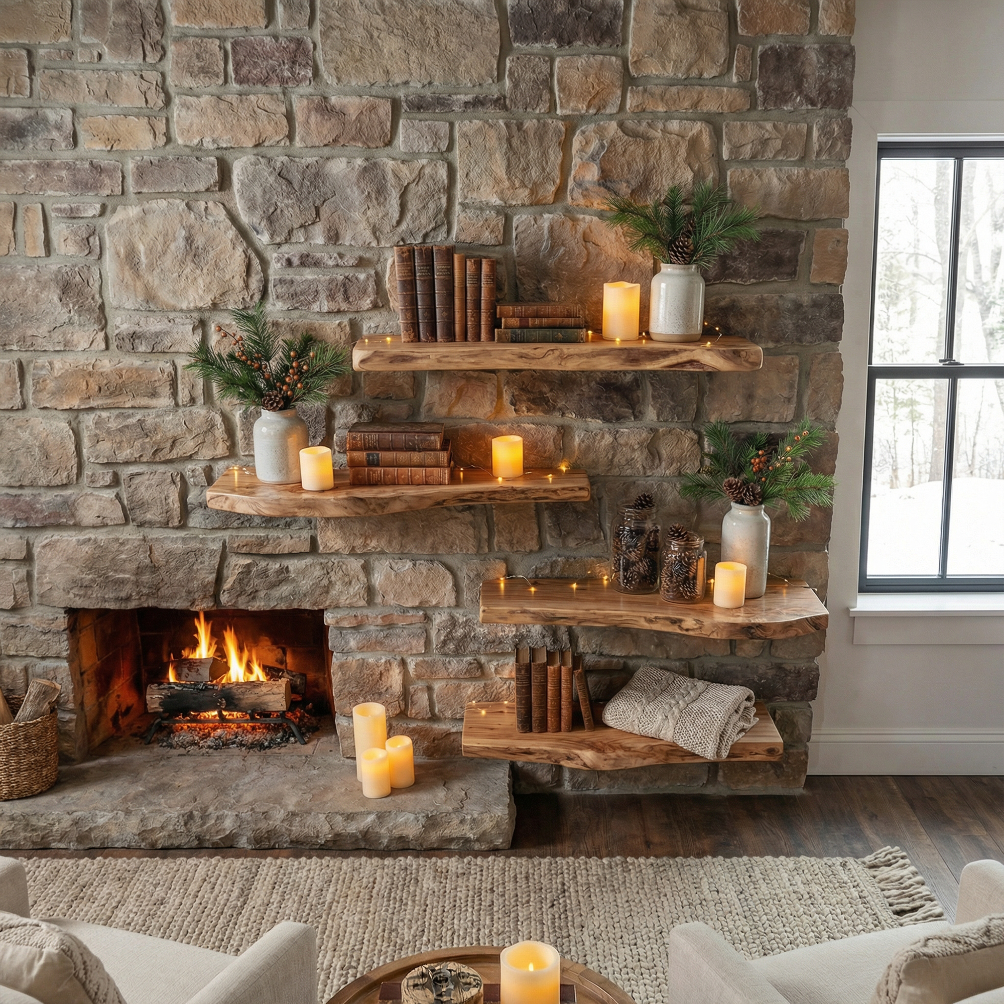 Rustic Fireplace Wall Shelves Solid Wood Organic Display SINLKIFL495