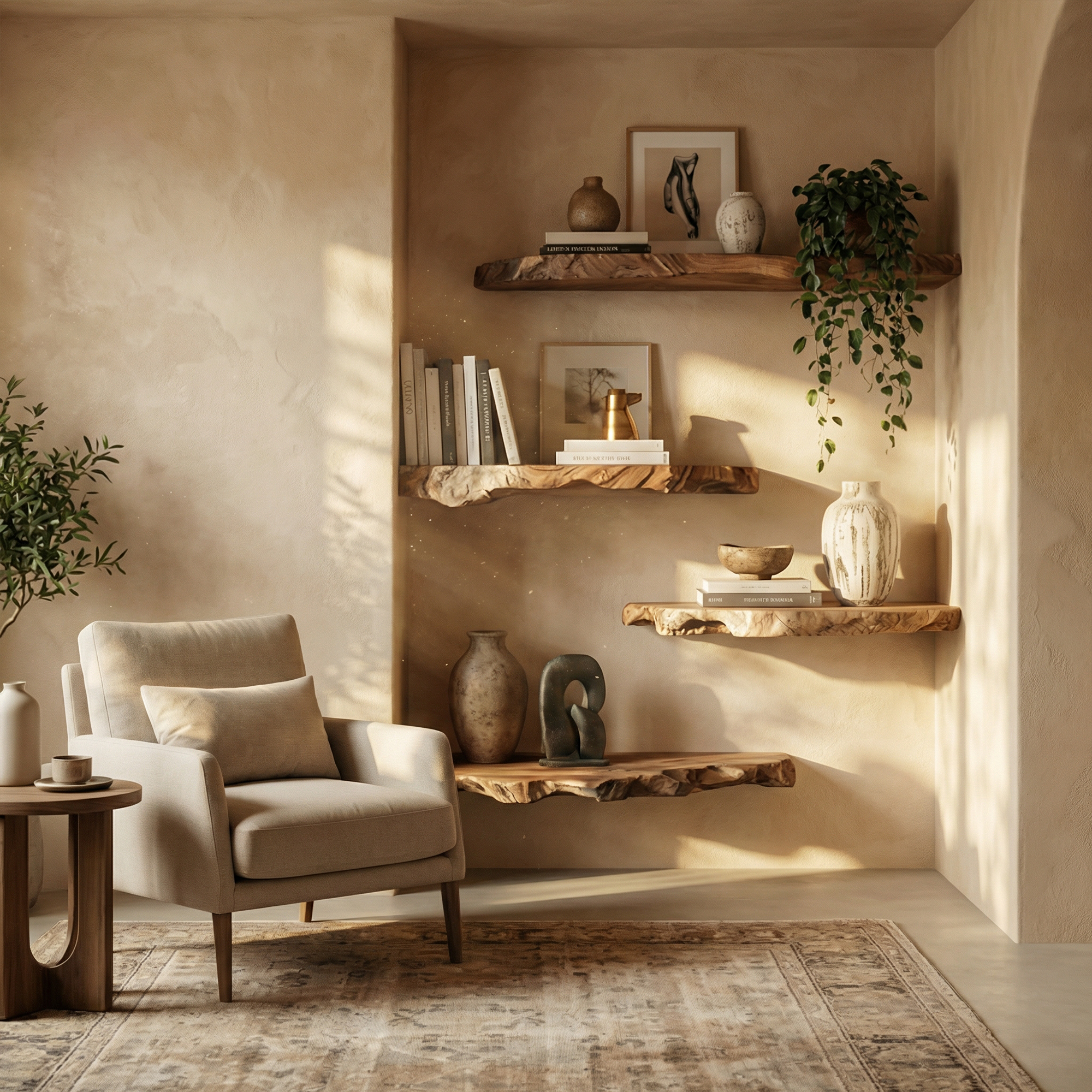 Modern Organic Live Edge Floating Wall Shelves Natural Wood Accent Display SINLKIFL497