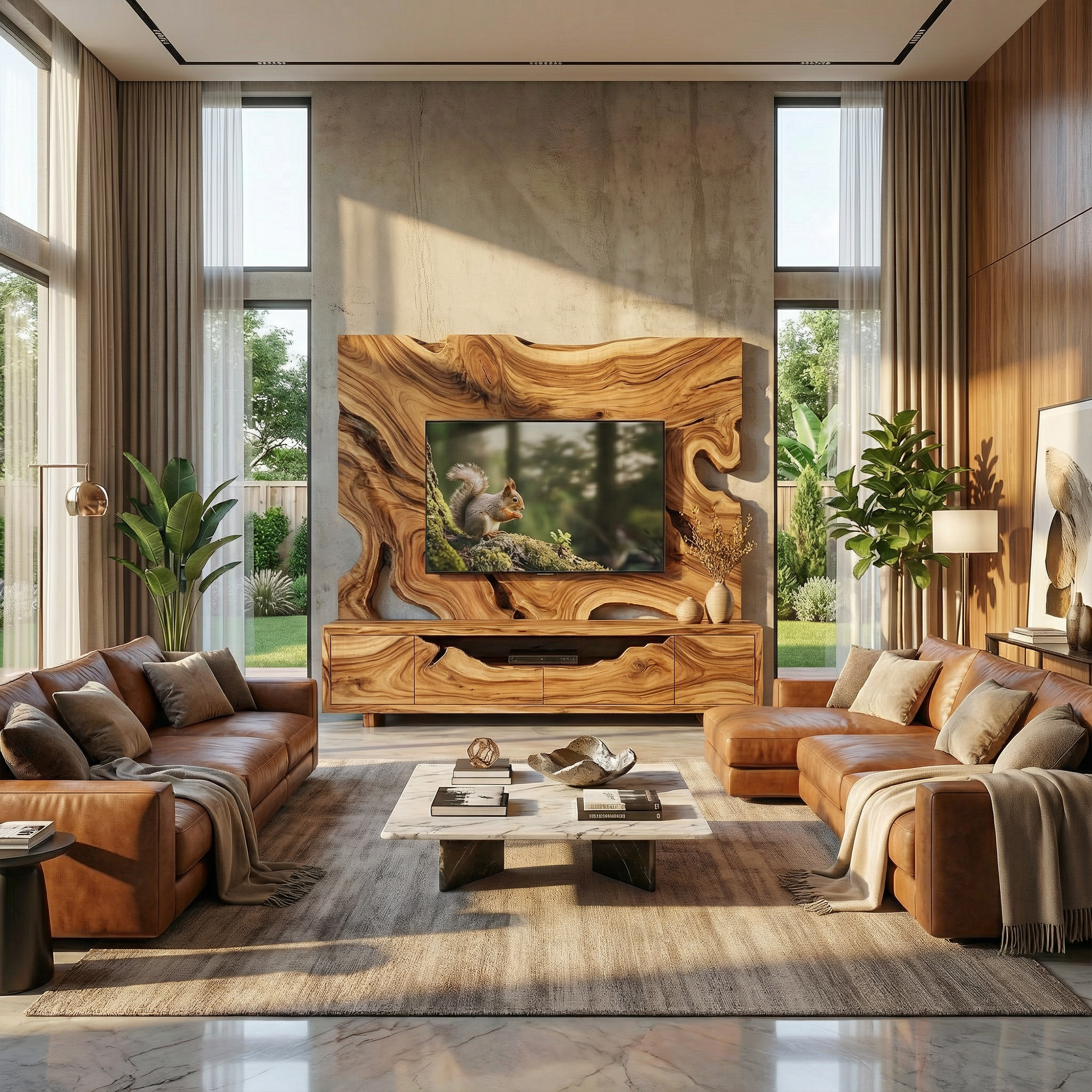 Organic Wood TV Cabinet With Decorative Wall Panel Living Room SINLKISC497