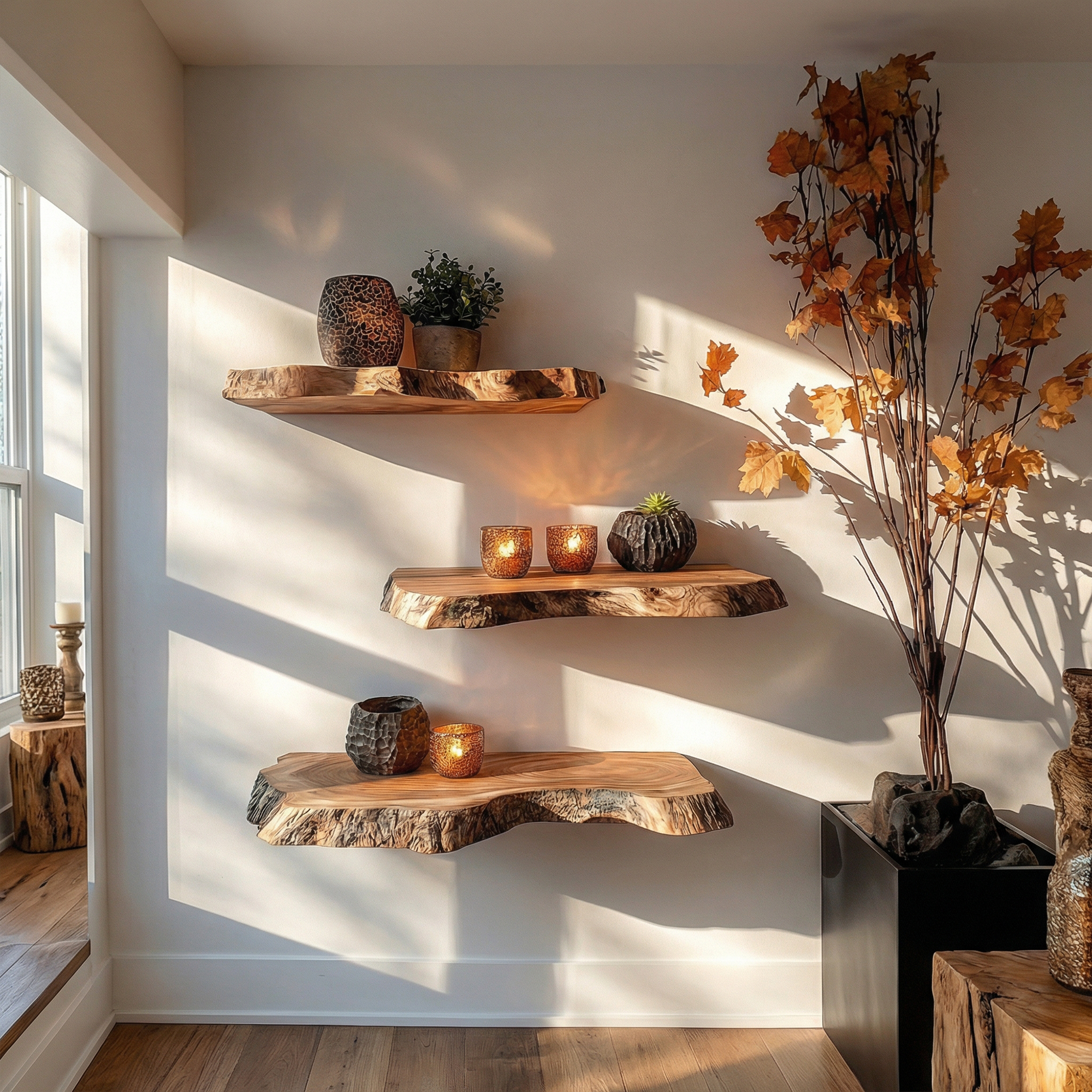 Modern Thick Live Edge Floating Wall Shelves Natural Wood Accent SINLKIFL500