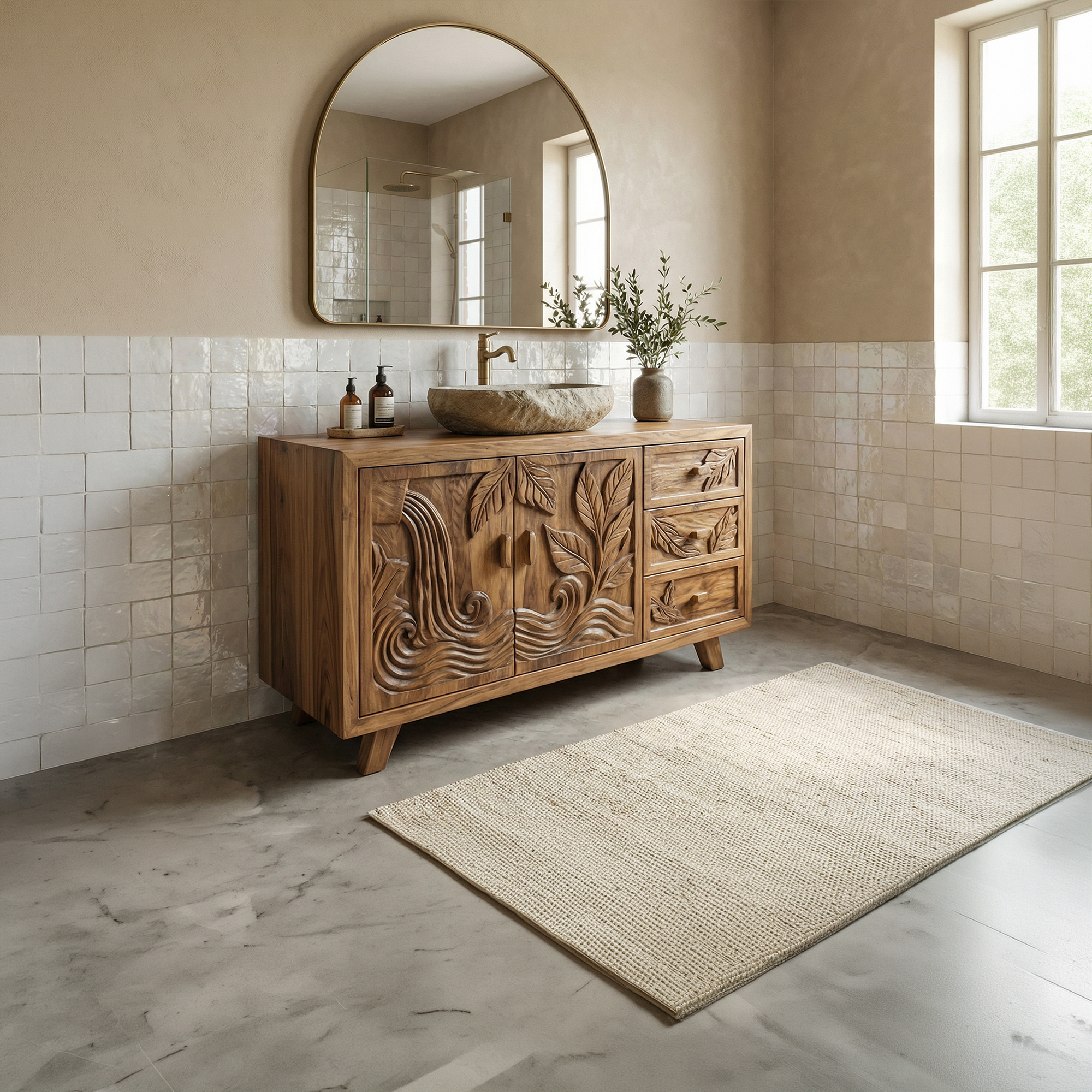Bohemian Solid Wood Bathroom Vanity Leaf Carved Storage Cabinet SINLKIBRV280