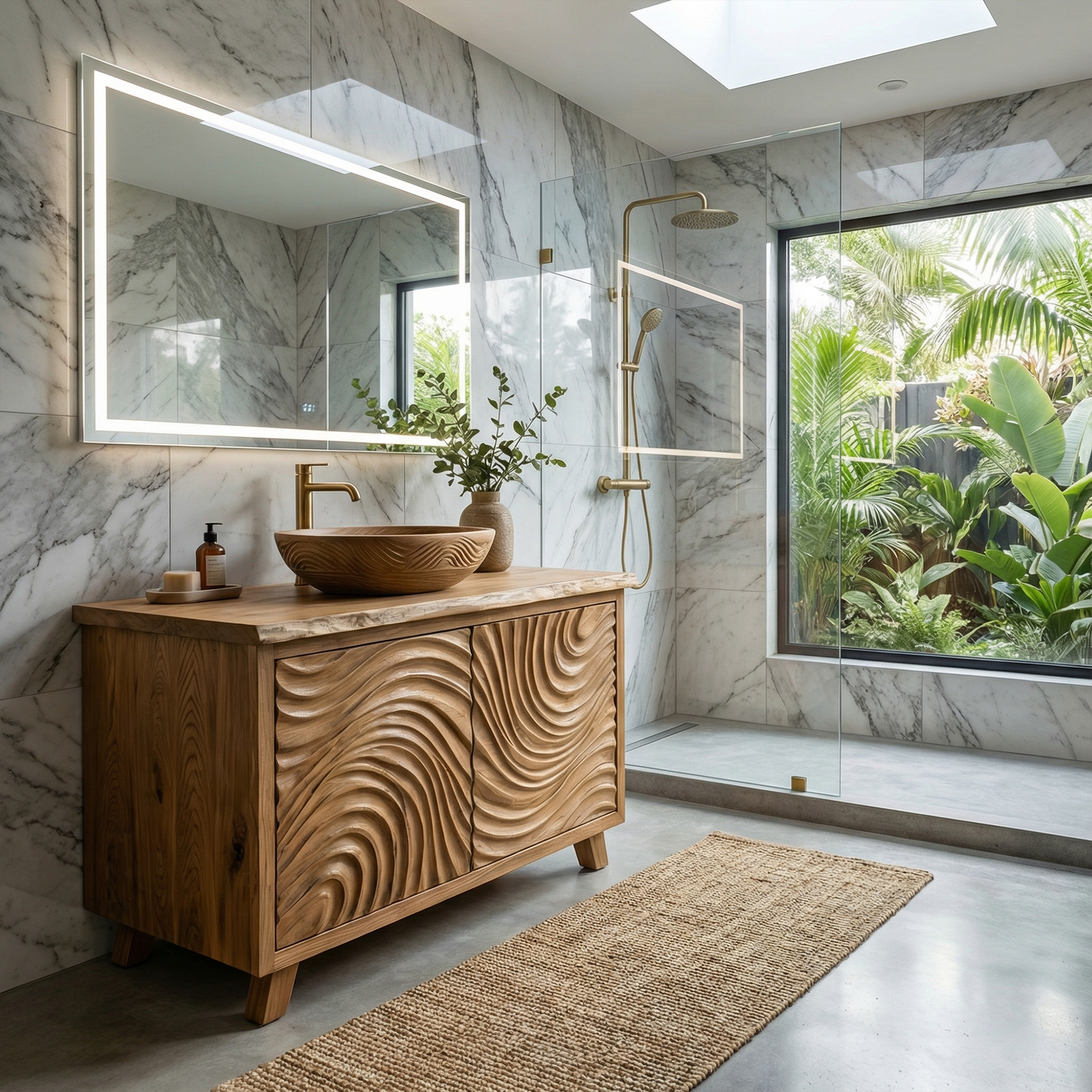 Modern Wave Carved Solid Wood Bathroom Vanity Freestanding Cabinet SINLKIBRV282