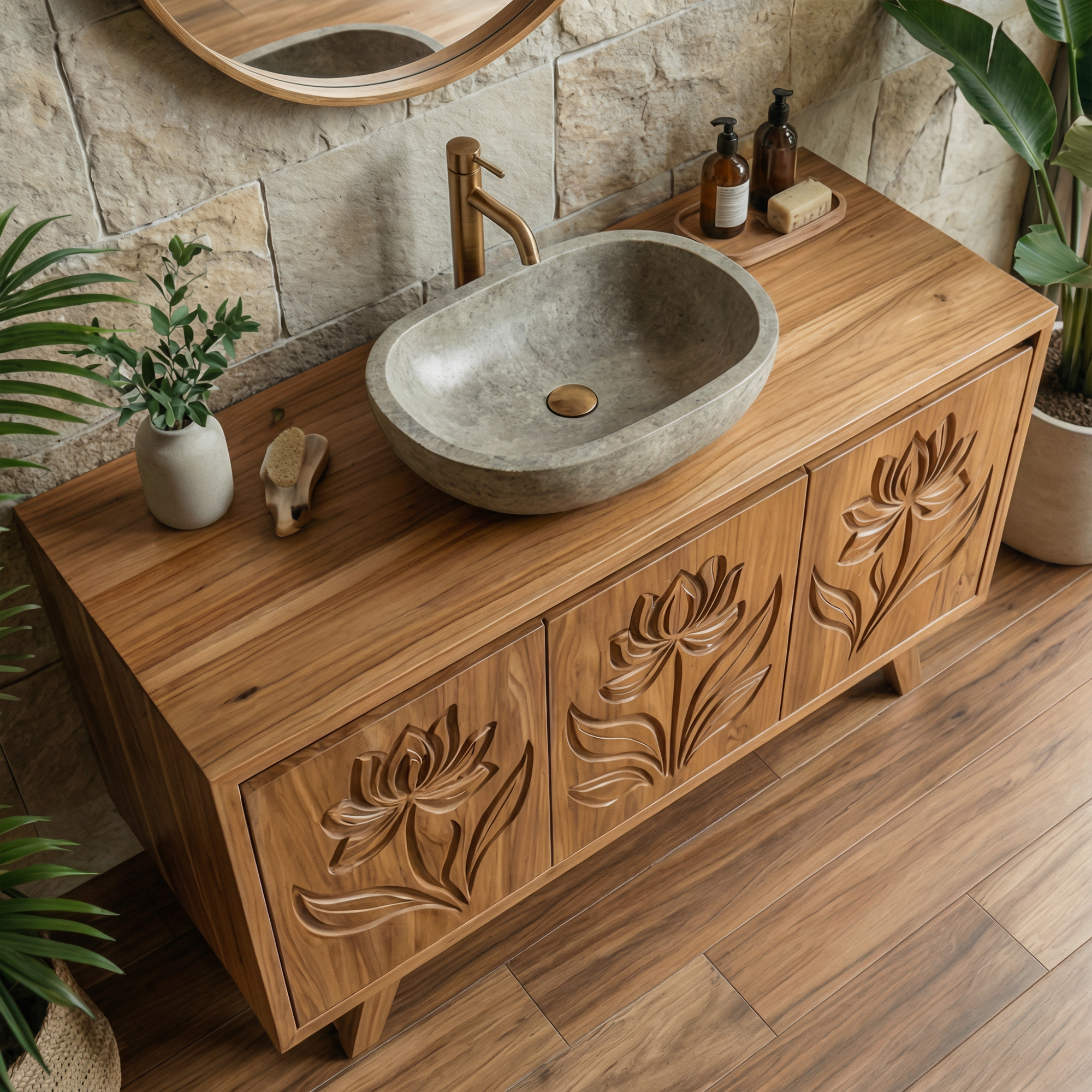 Tropical Floral Carved Solid Wood Bathroom Vanity Freestanding Cabinet SINLKIBRV283