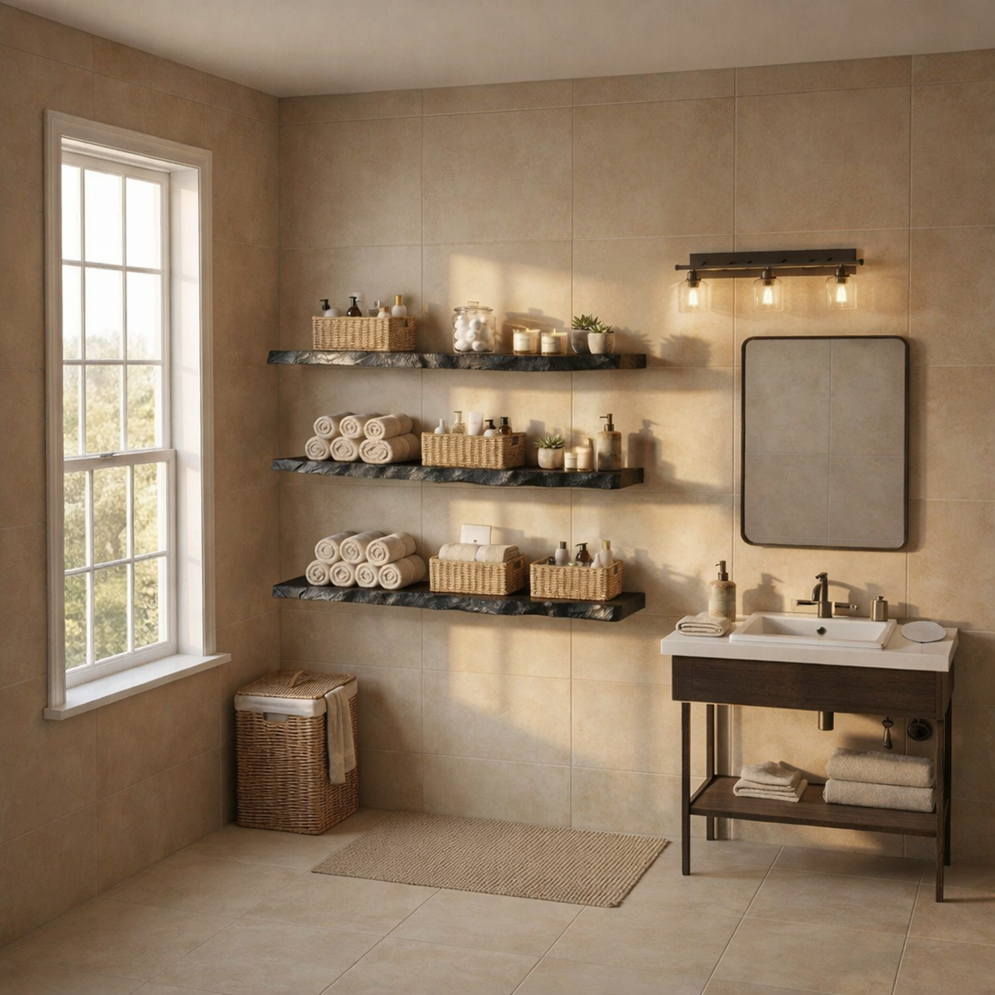 Modern Black Marble Floating Bathroom Shelves Wall Mounted Storage SINLKIFL507