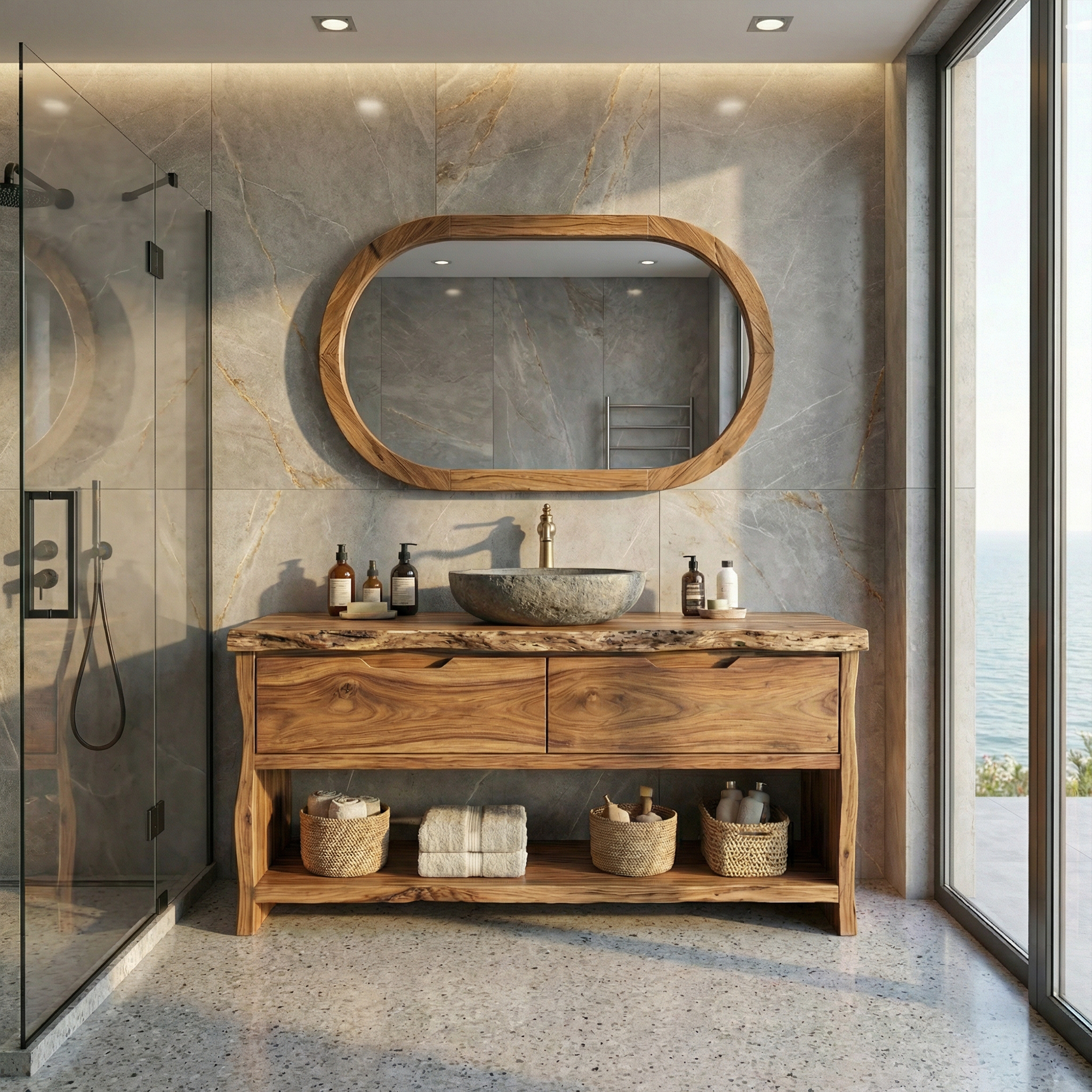 Industrial Solid Wood Bathroom Vanity Open Shelf Freestanding Cabinet SINLKIBRV286