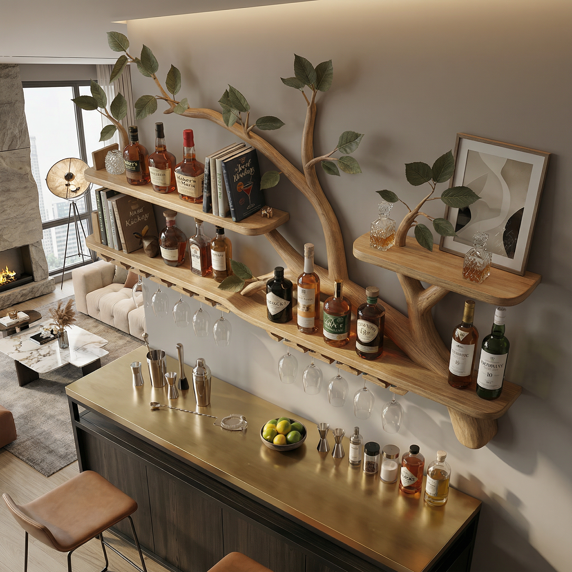 Organic Tree Branch Wine Rack Wooden Wall Mounted Shelf For Kitchen Dining Room Home Bar SINLKIWR019