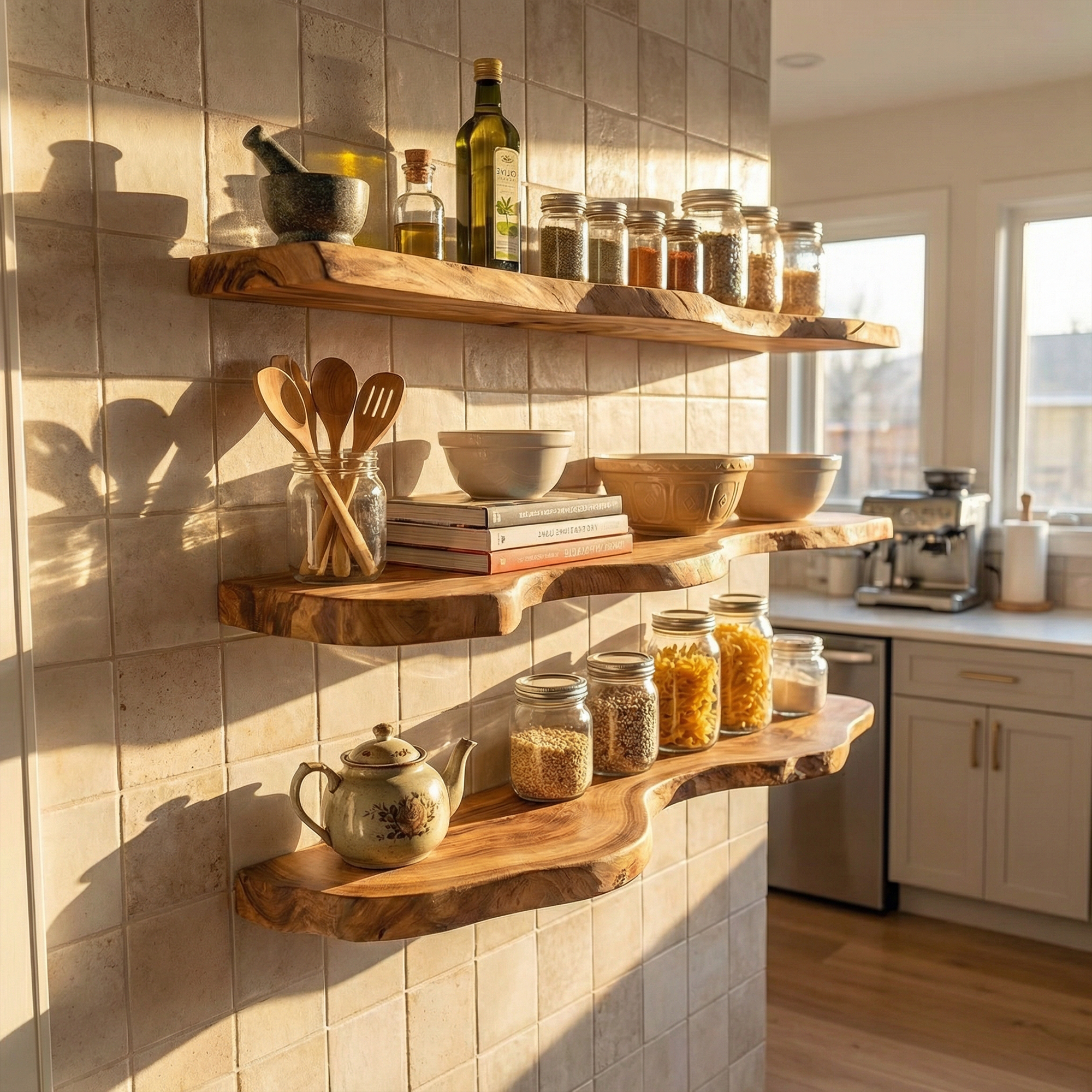 Modern Live Edge Floating Wall Shelves Natural Wood Organic Display SINLKIFL485
