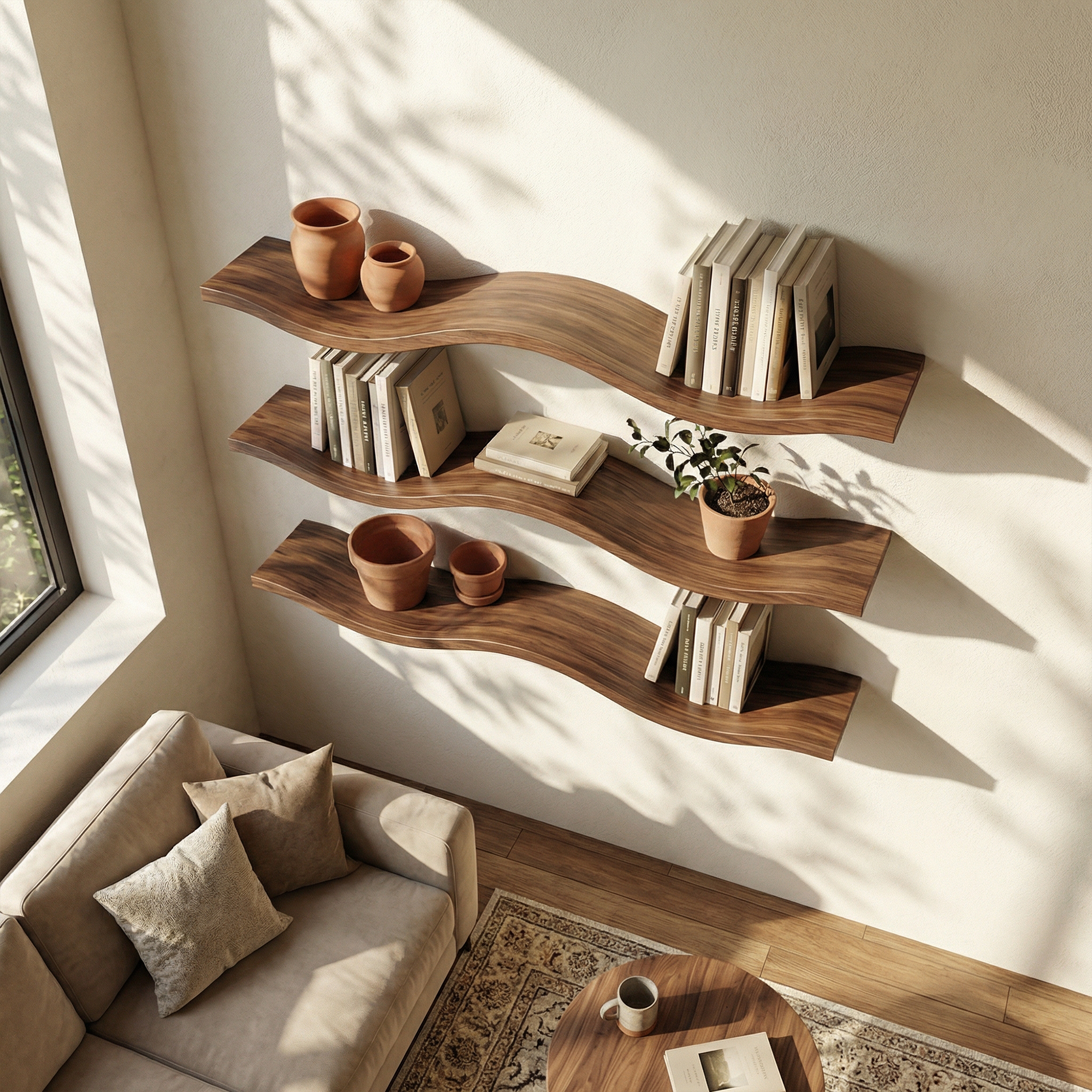 Modern Organic Wave Floating Shelves Wood Artistic Wall Display SINLKIFL483