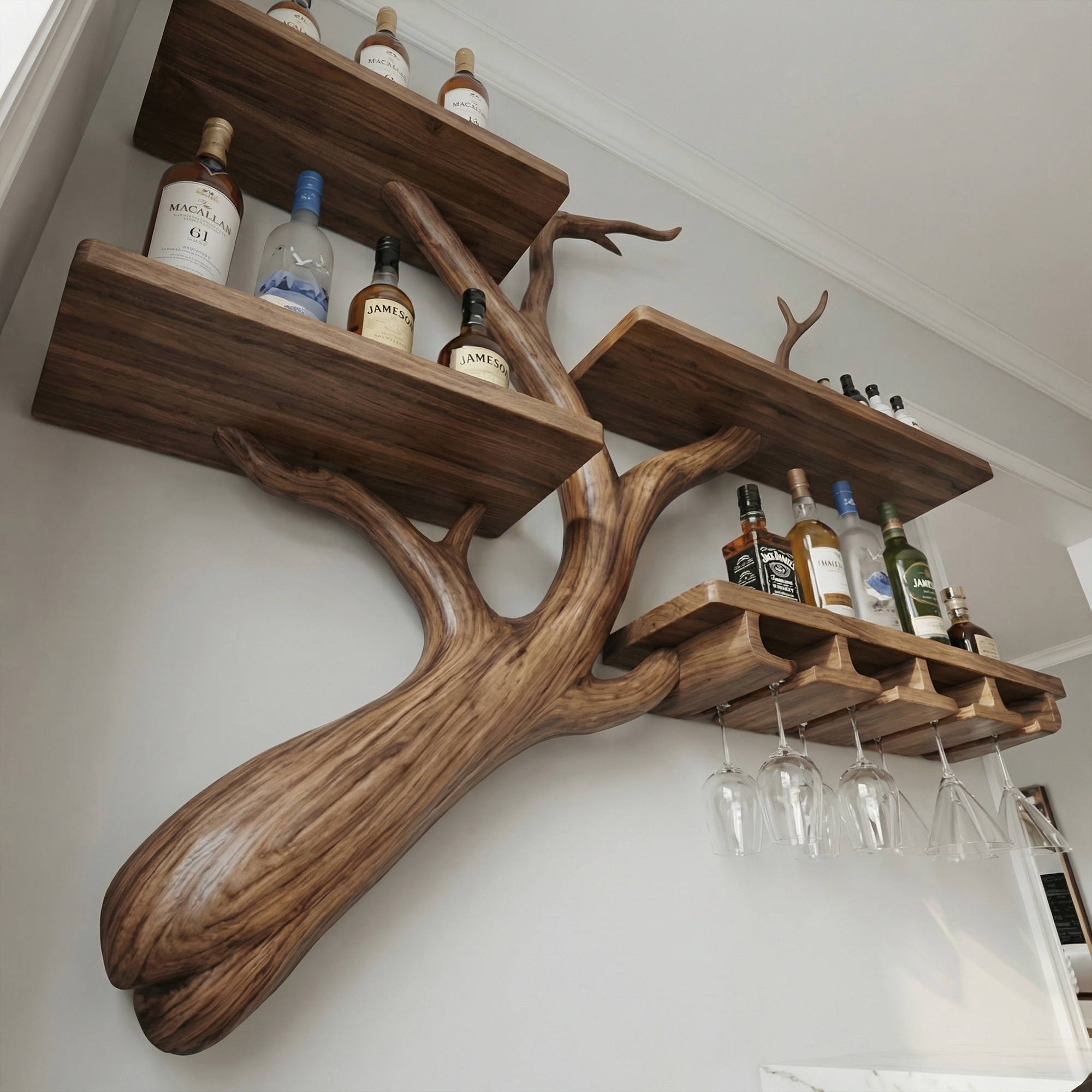 Rustic Tree Branch Wine Rack Wooden Wall Mounted Shelf For Kitchen Dining Room Home Bar SINLKIWR017