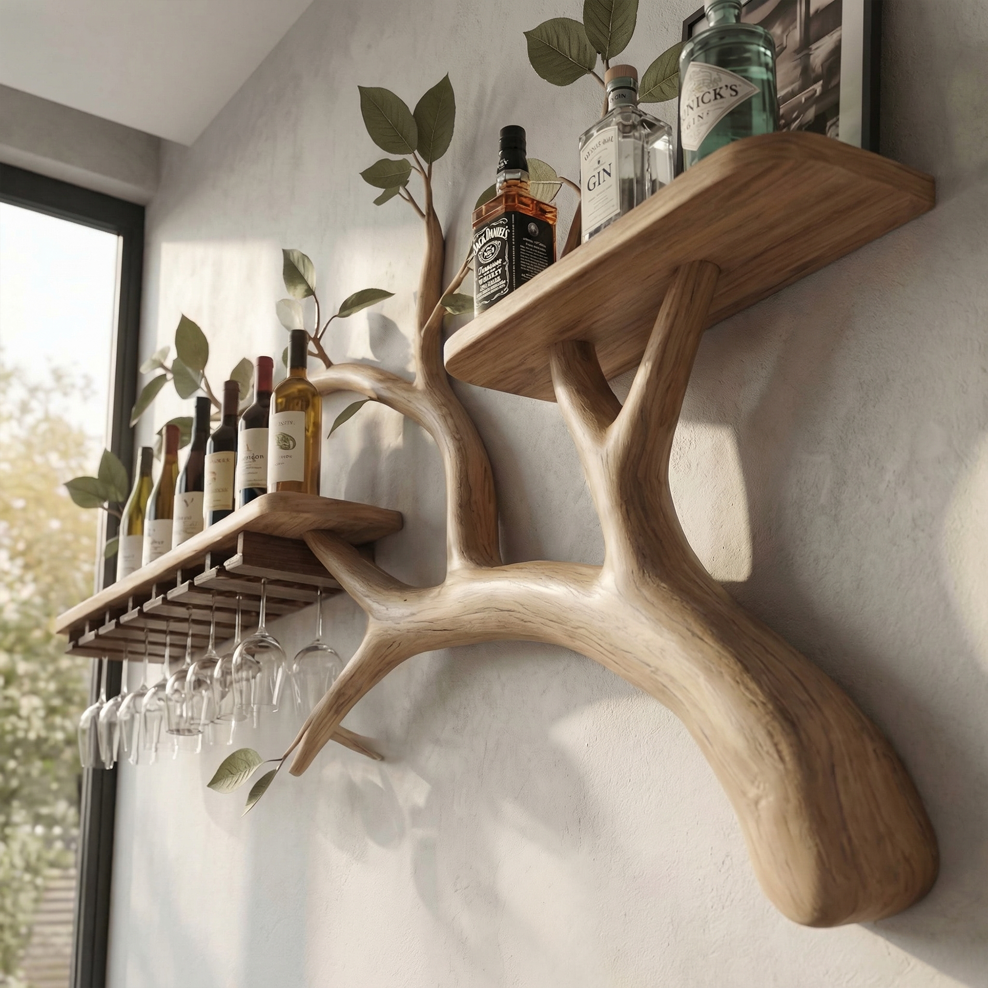 Farmhouse Tree Branch Wine Rack Wooden Wall Mounted Shelf For Kitchen Dining Room Home Bar SINLKIWR018