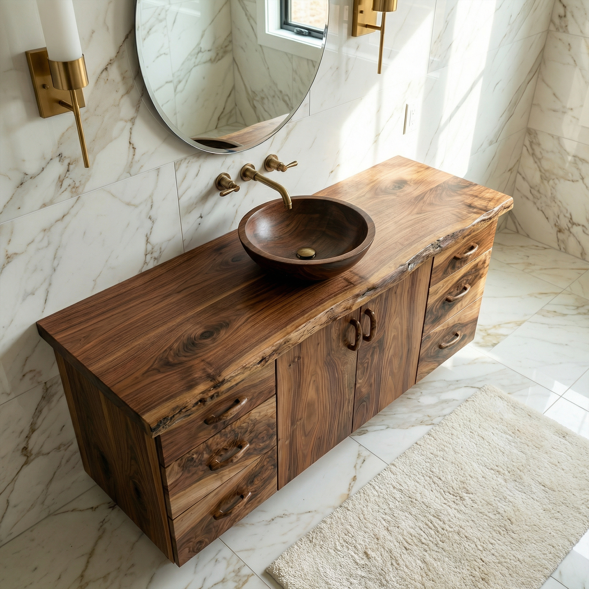 Modern Floating Solid Wood Bathroom Vanity Natural Slab Storage Cabinet SINLKIBRV271