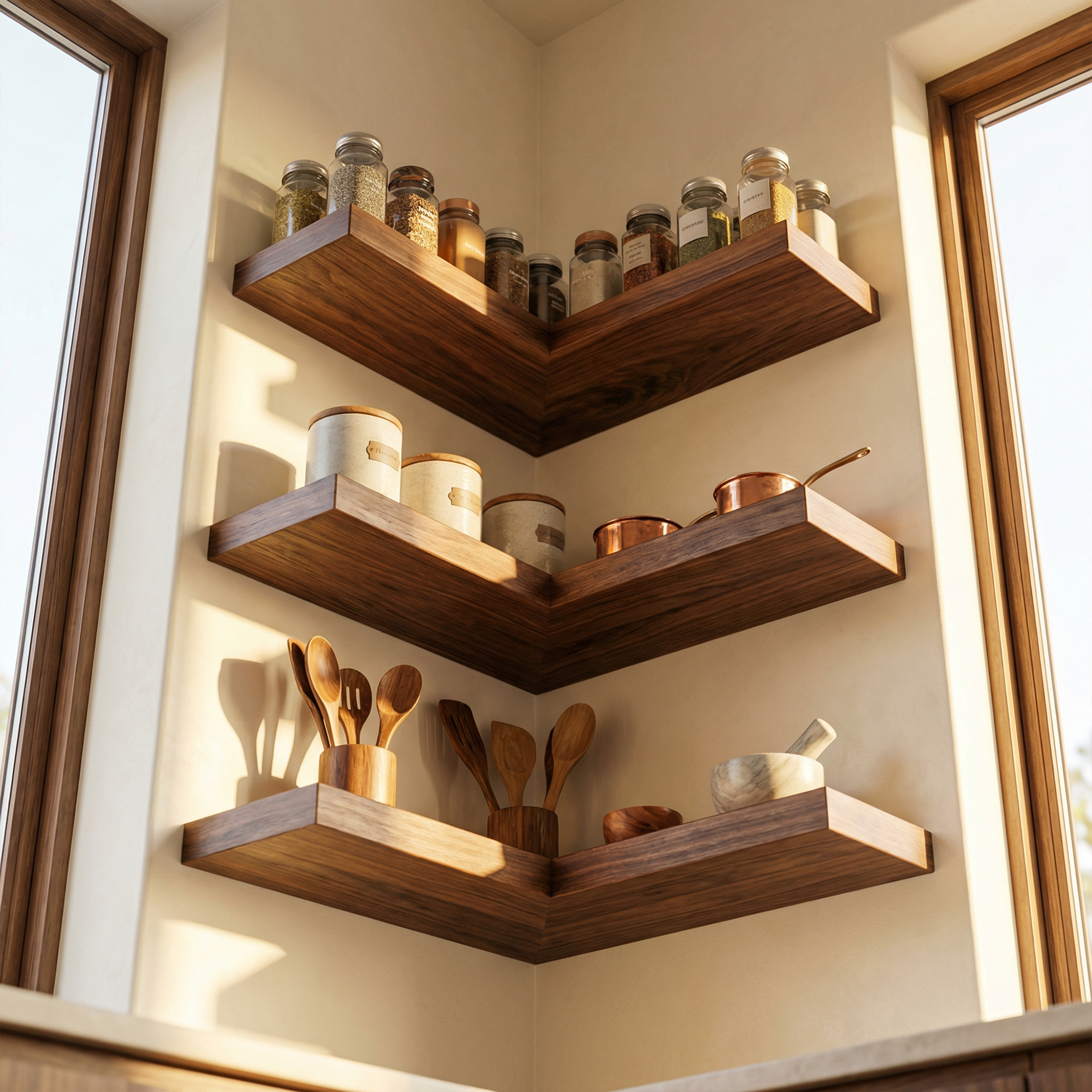 Modern Corner Wall Mounted Kitchen Shelving Unit Wood Storage Rack SINLKIFL477