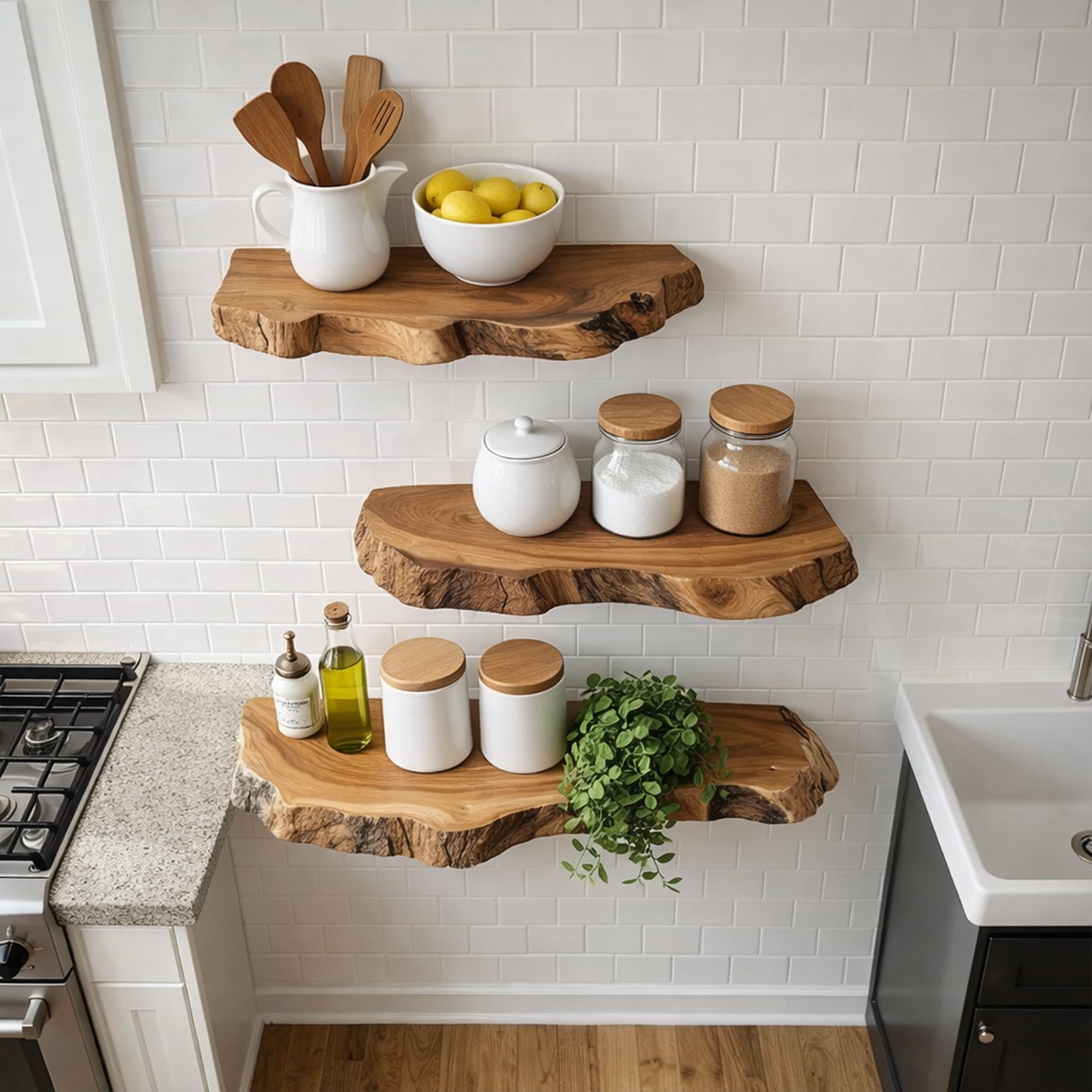 Modern Thick Live Edge Floating Wall Shelves Natural Wood Accent SINLKIFL500
