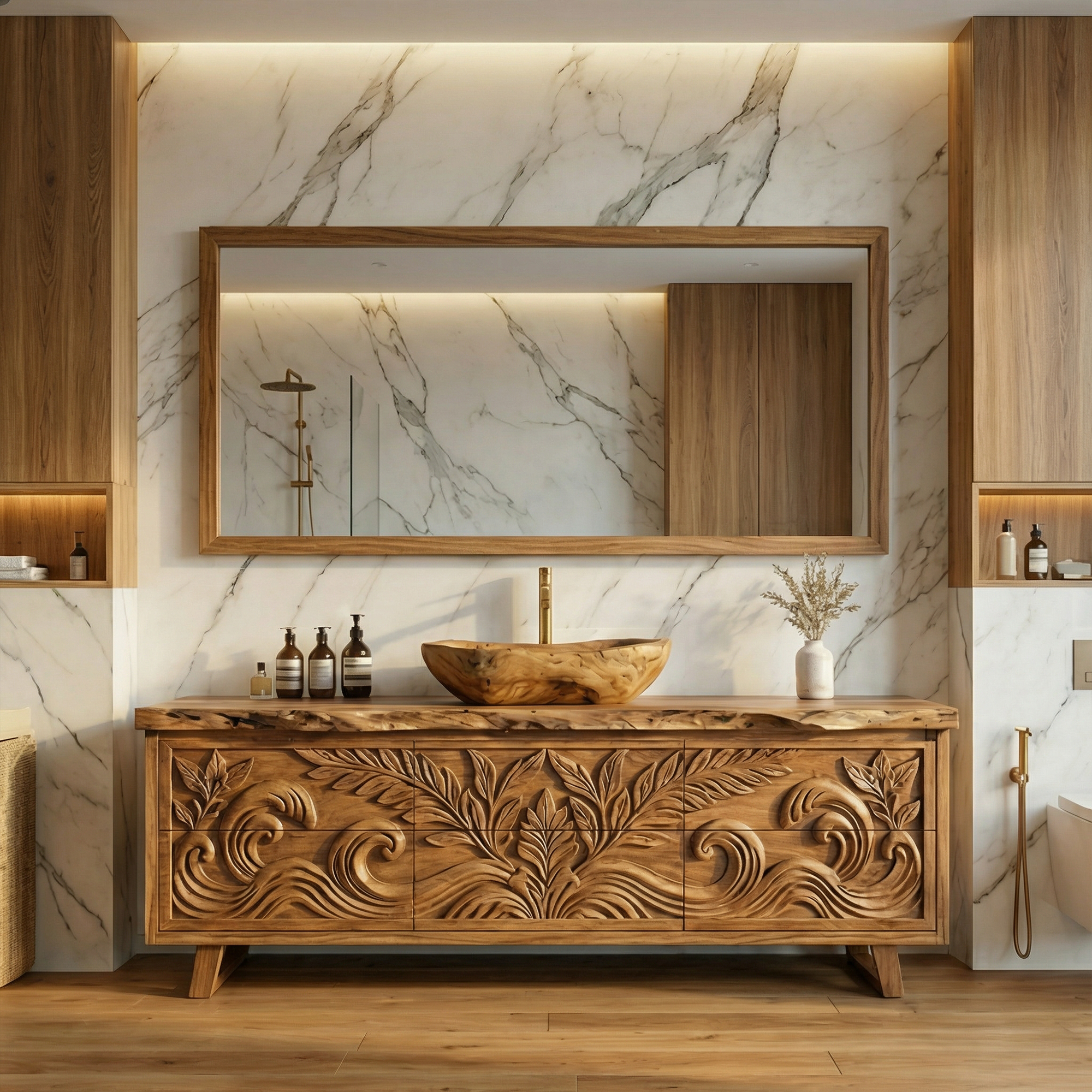 Luxury Tropical Hand Carved Solid Wood Bathroom Vanity Statement Cabinet SINLKIBRV276