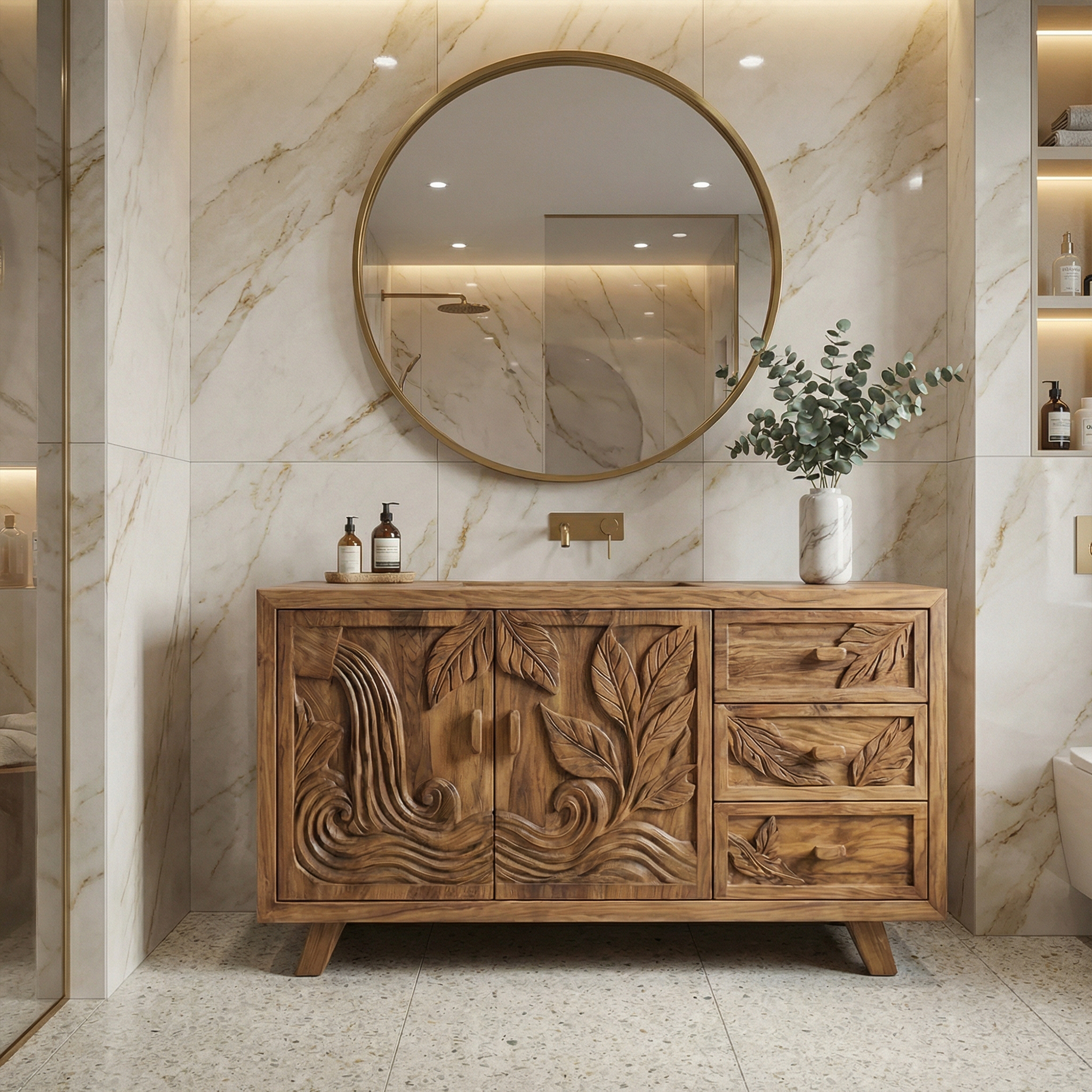 Bohemian Solid Wood Bathroom Vanity Leaf Carved Storage Cabinet SINLKIBRV280