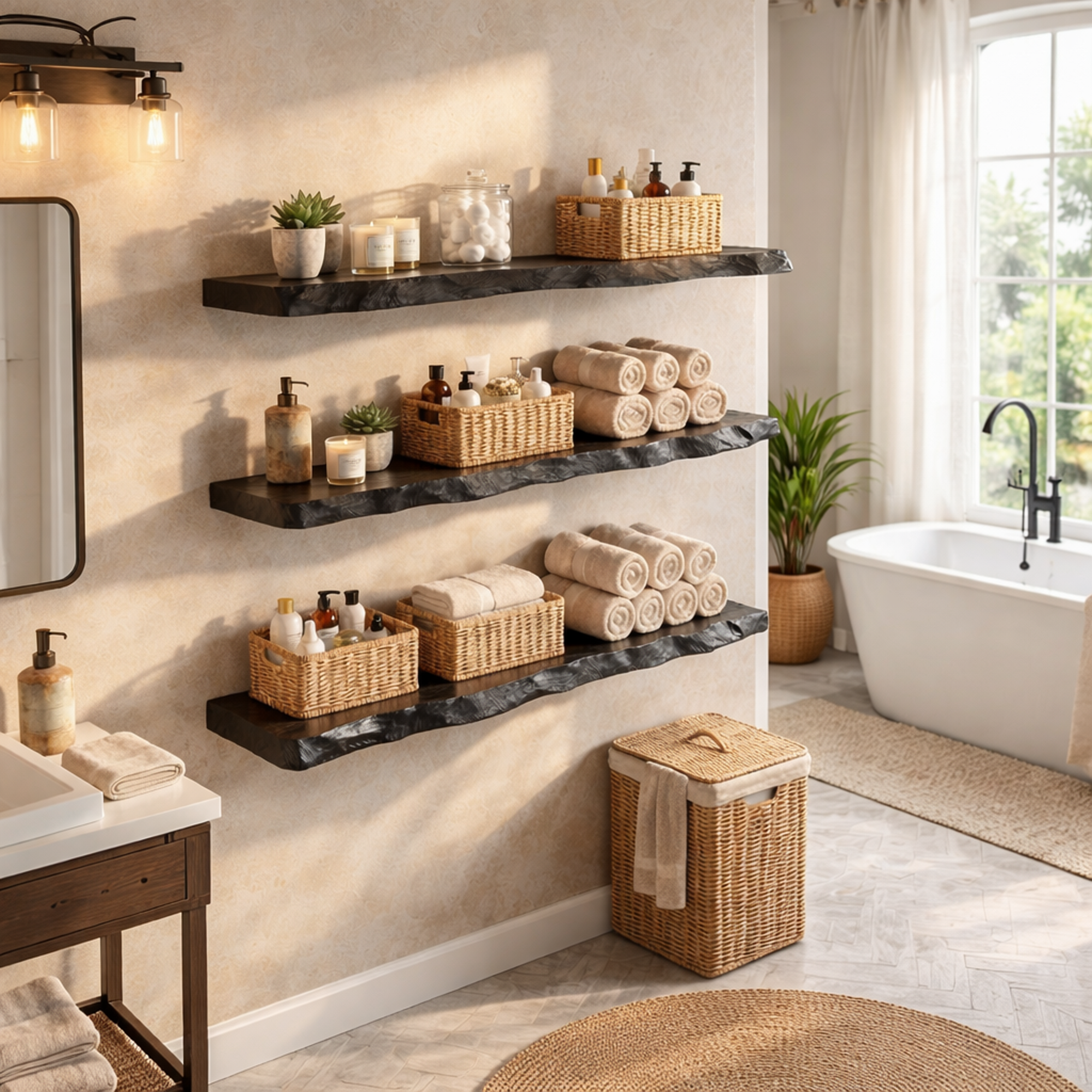 Modern Black Marble Floating Bathroom Shelves Wall Mounted Storage SINLKIFL507