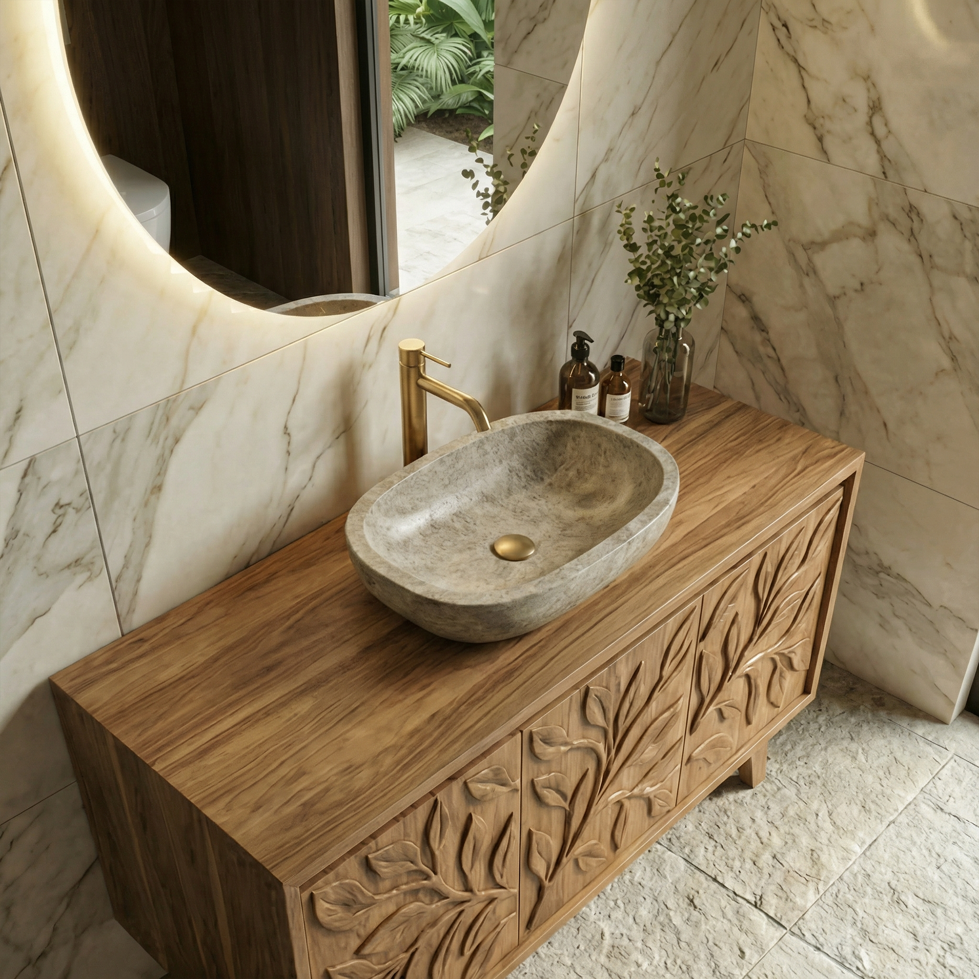 Scandinavian Leaf Carved Solid Wood Bathroom Vanity Minimal Storage Cabinet SINLKIBRV284