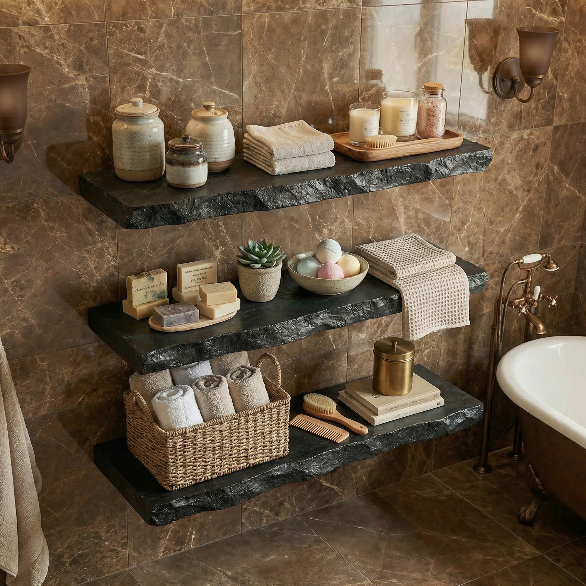 Modern Stone Look Floating Bathroom Shelves Wall Mounted Storage Rack SINLKIFL508