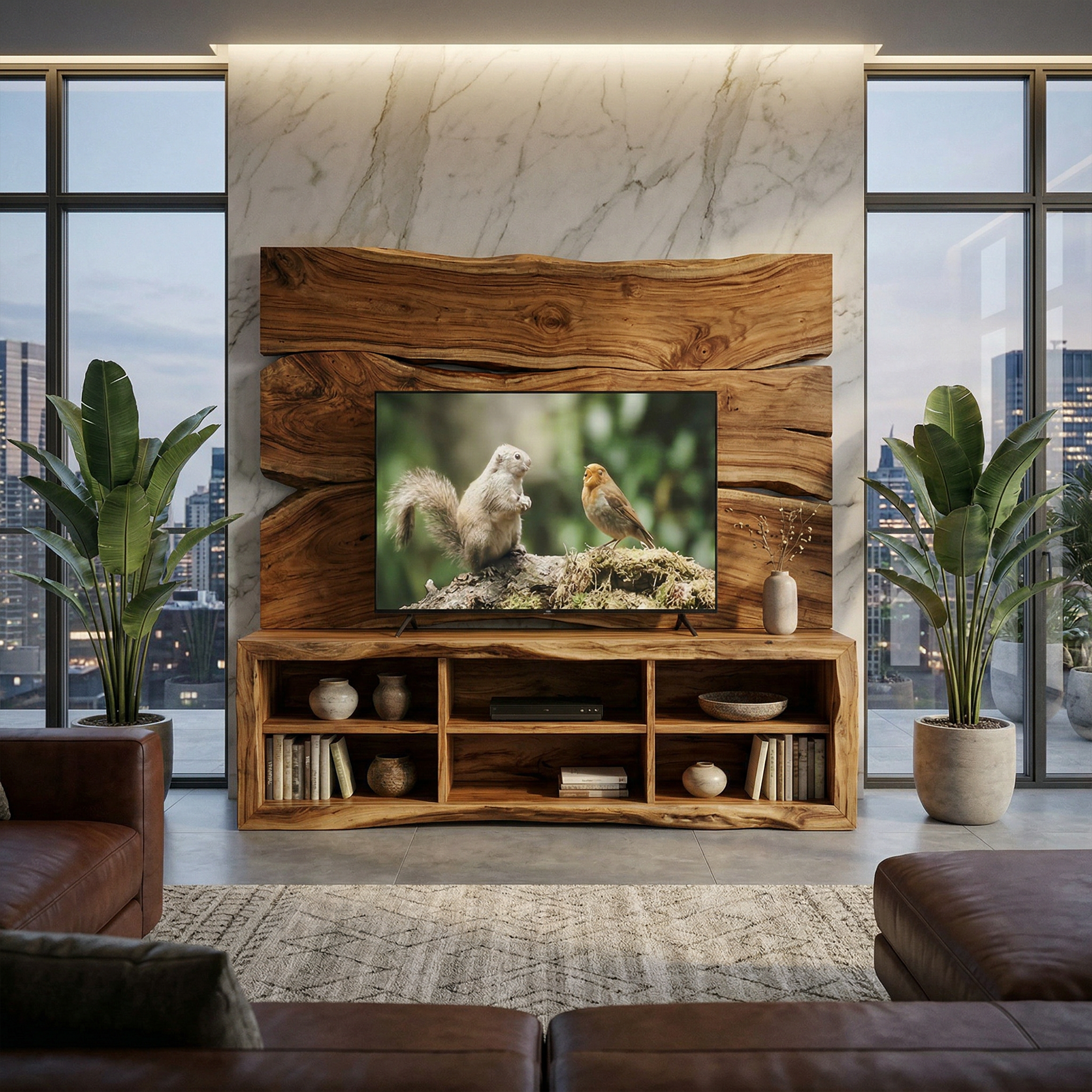 Modern TV Cabinet With Wood Wall Panel Living Room SINLKISC495