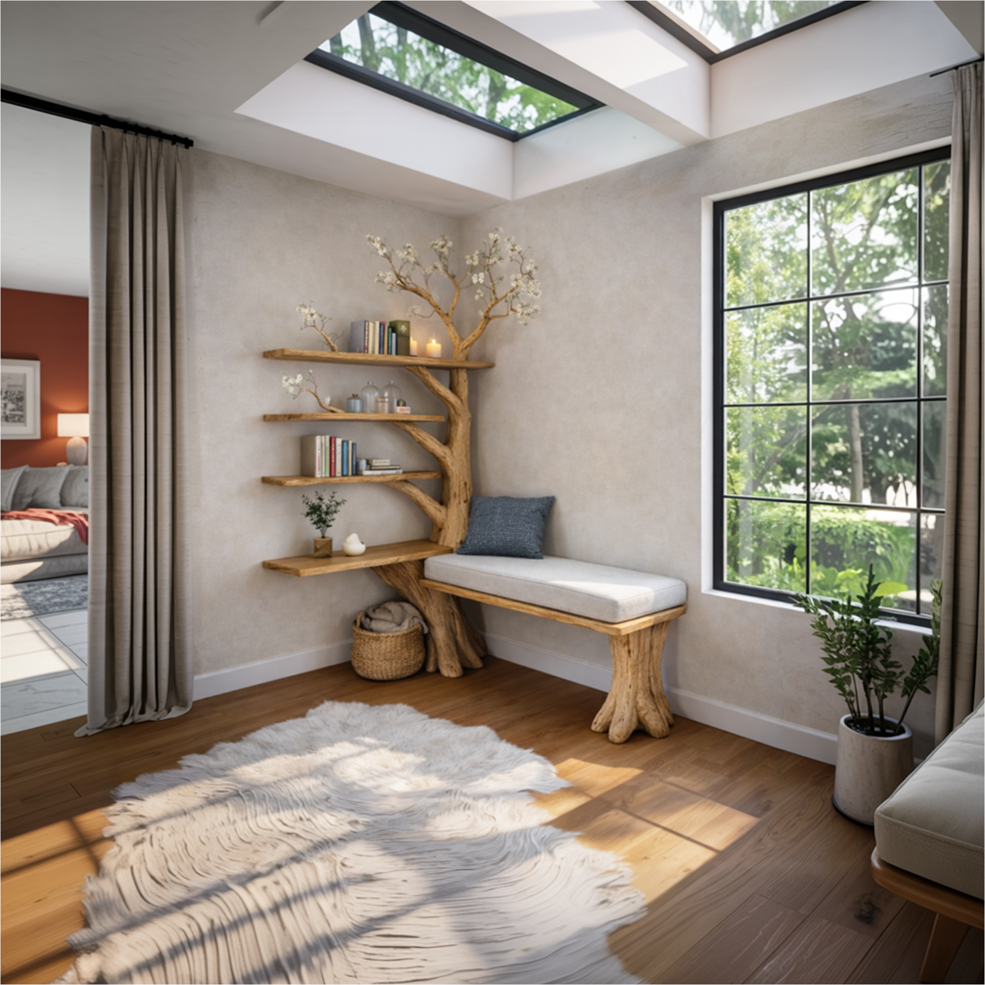 Rustic Artistic Tree Bookshelf With Bench Living Room Interior Statement Furniture SINLKITB653