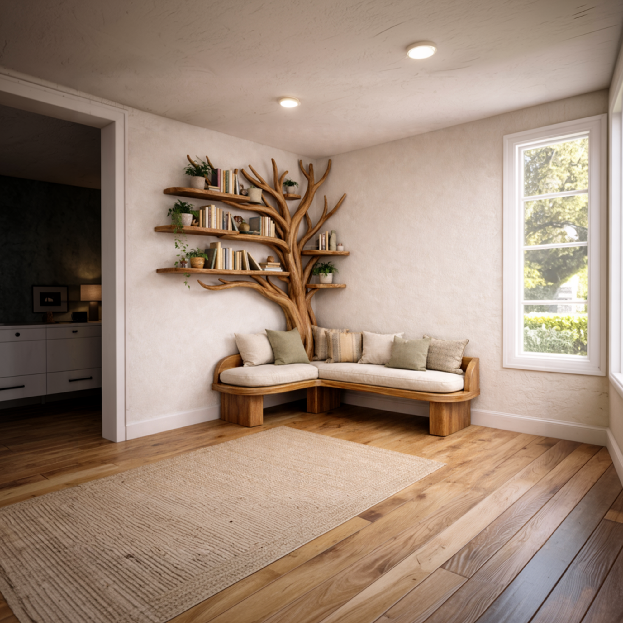 Rustic Sculptural Tree Bookshelf Corner Bench Living Room Interior Integrated Seating SINLKITB654
