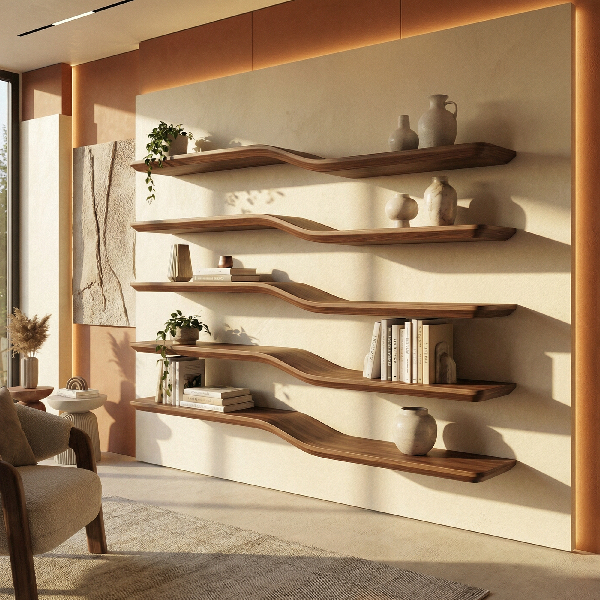 Modern Sculptural Wave Wall Shelves Floating Wood Display SINLKIFL479