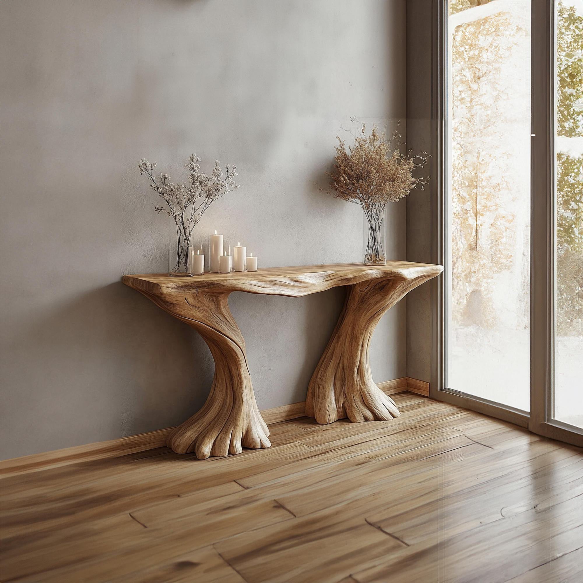 Rustic Console Table Sculptural Hourglass Base Luxury Foyer SINLKICS350