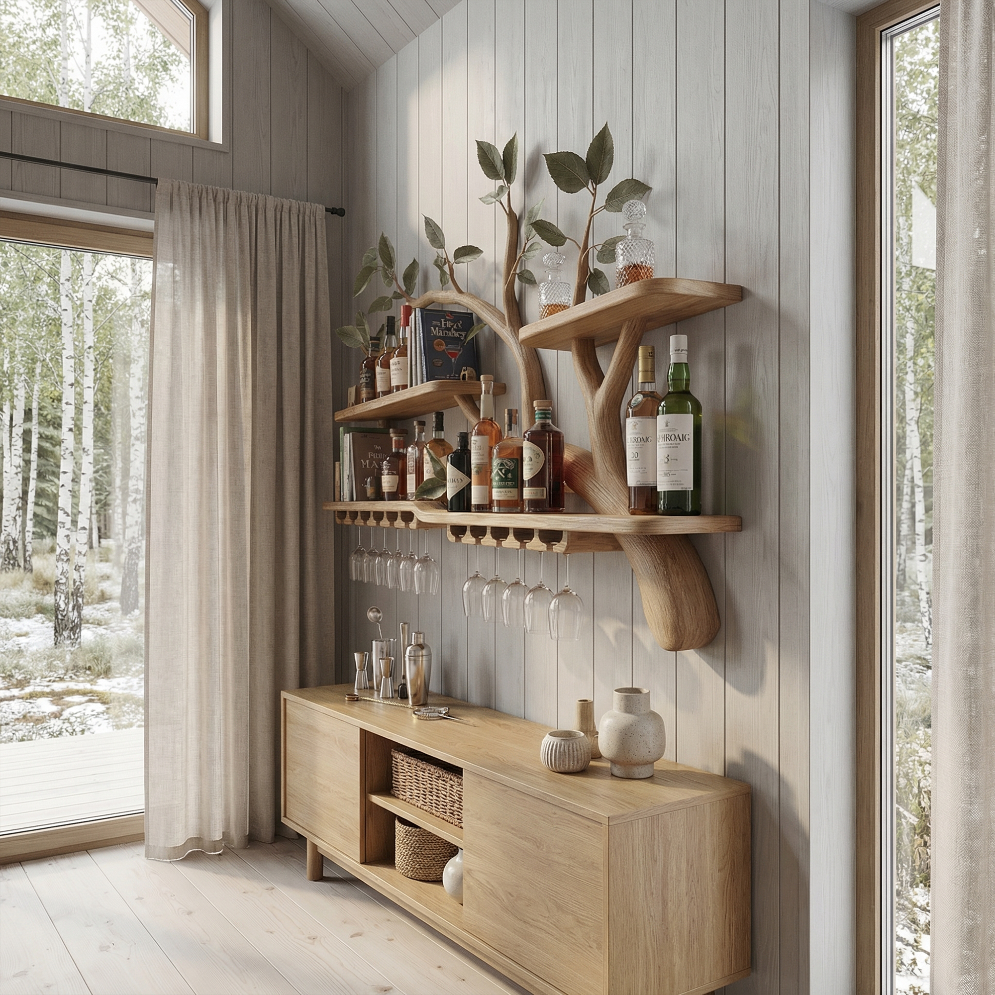 Organic Tree Branch Wine Rack Wooden Wall Mounted Shelf For Kitchen Dining Room Home Bar SINLKIWR019