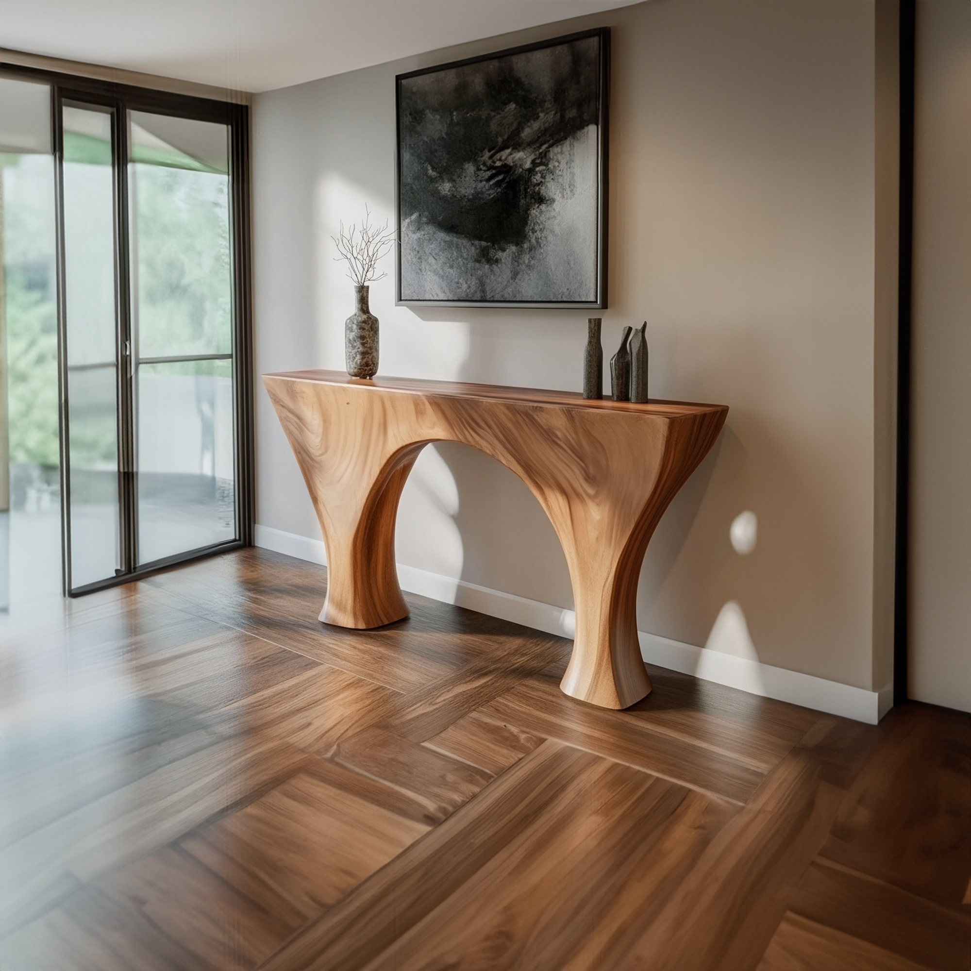 Mid Century Modern Console Carved Wood Luxury Hallway Entrance SINLKICS367