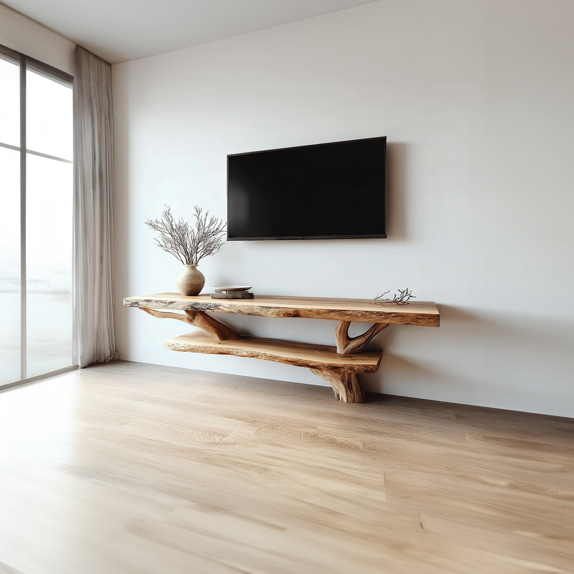 Rustic TV Console Table Live Edge Double Tier Living Room SINLKICS311