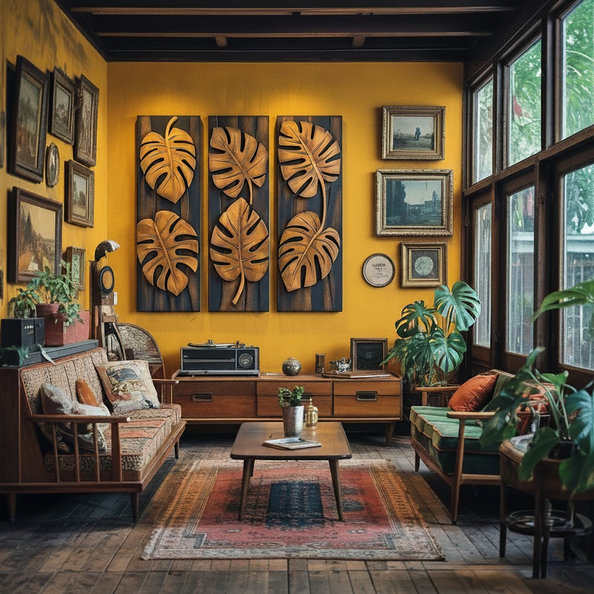 Tropical Monstera Carved Solid Wood Wall Art Panel Set Interior Decor SINLKIWD021