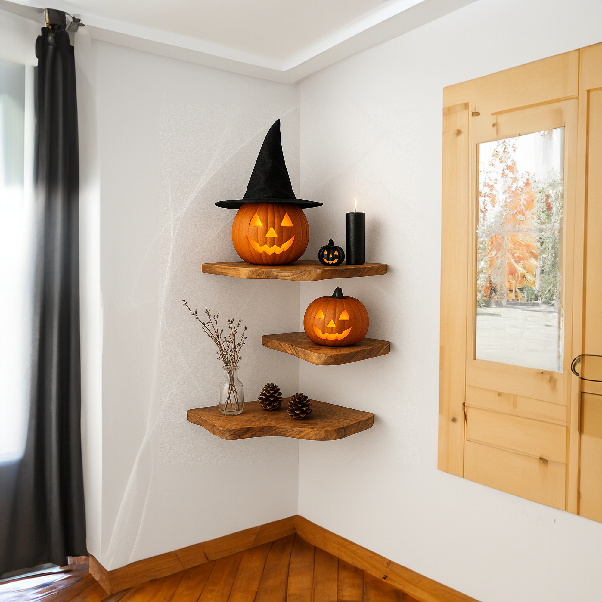 Rustic Halloween Tree Shape Wooden Floating Shelf Living Room Accent SINLKIHW043