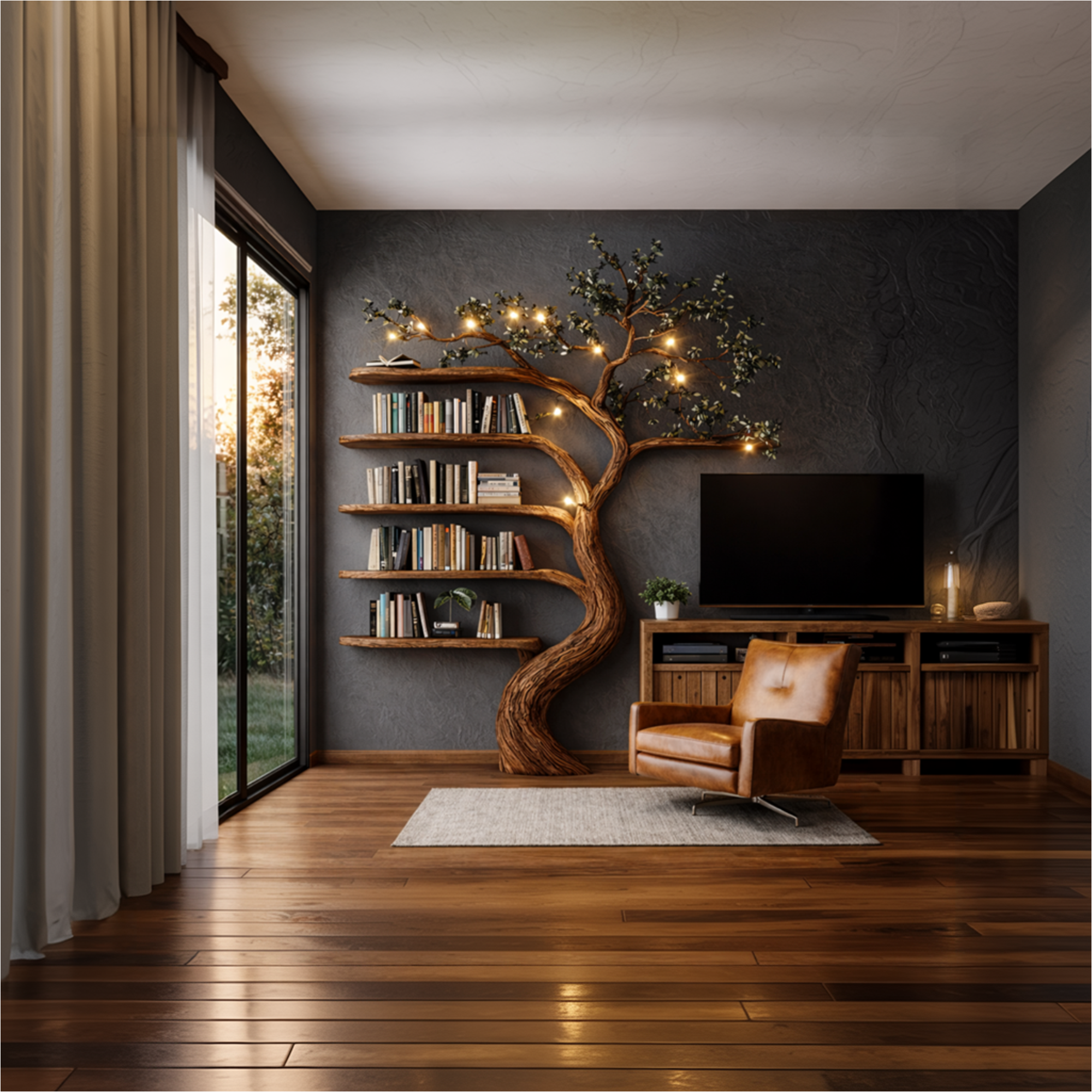 Rustic Hand Carved Tree Bookshelf Artistic Storage For Living Room SINLKITB683