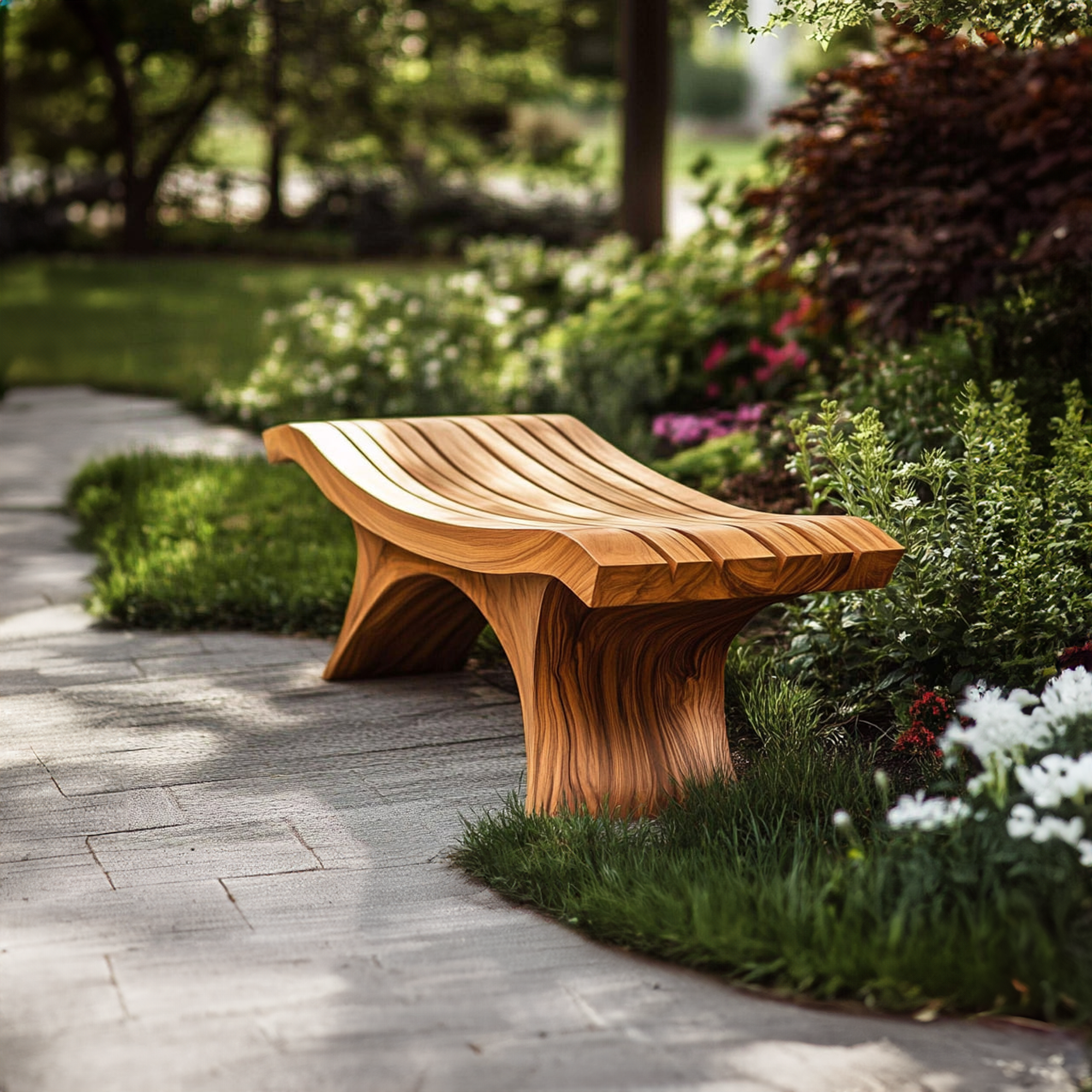 Sculptural Modern Outdoor Wood Bench Garden Patio SINLKIRS041