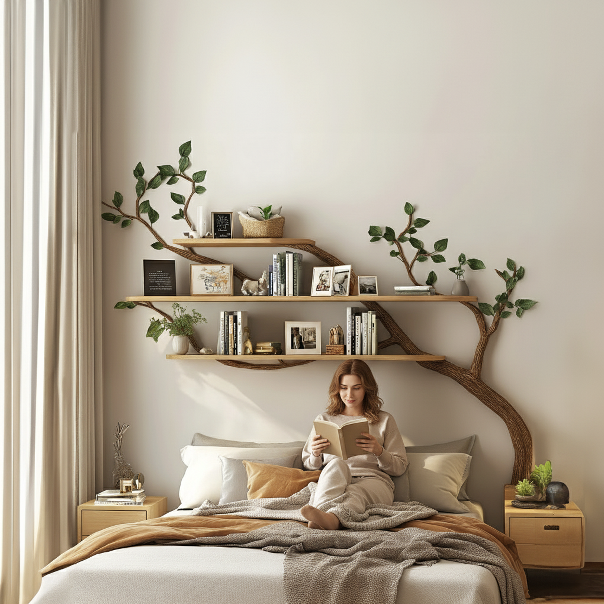 Rustic Tree Wall Shelf For Modern Bedroom Decor SINLKITBS059