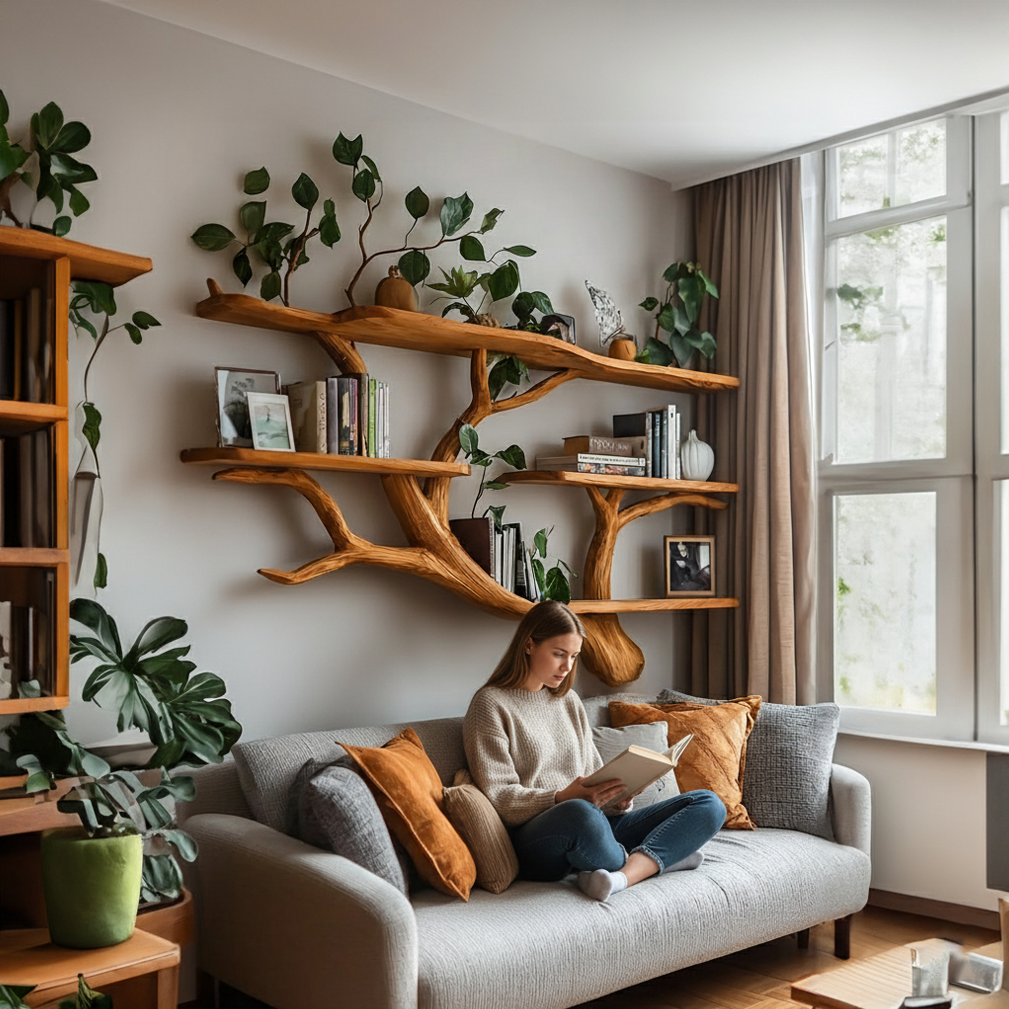 Rustic Organic Tree Wall Bookshelf Minimalist Home SINLKITBS057