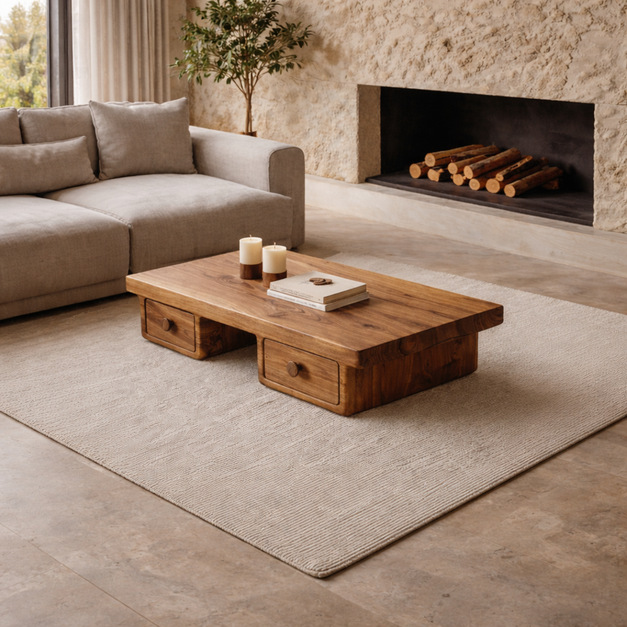 Compact Storage Solid Wood Coffee Table Cozy Living Room Interior SINLKICF314