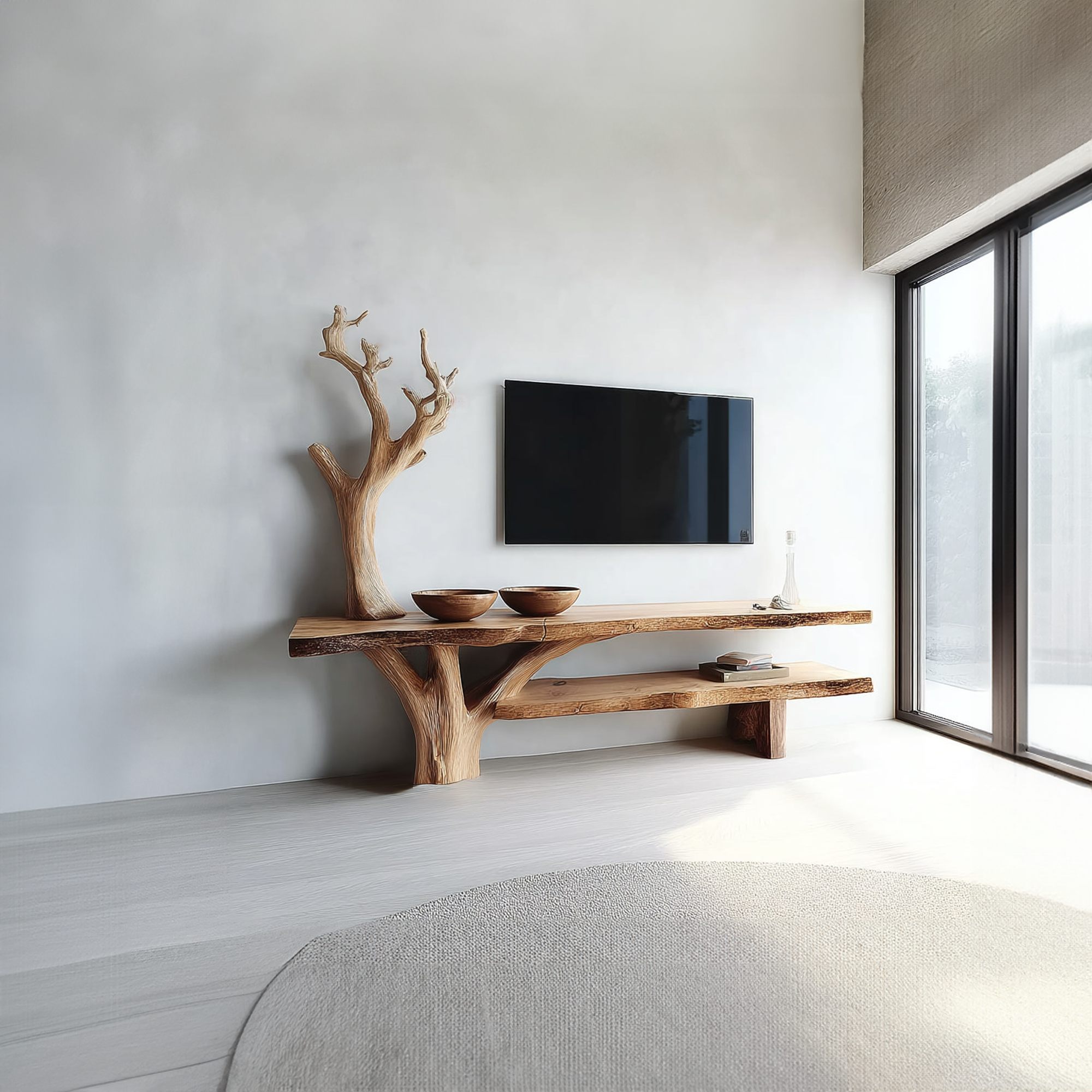 Rustic TV Console Table Sculpted Wood Base Living Room SINLKICS308