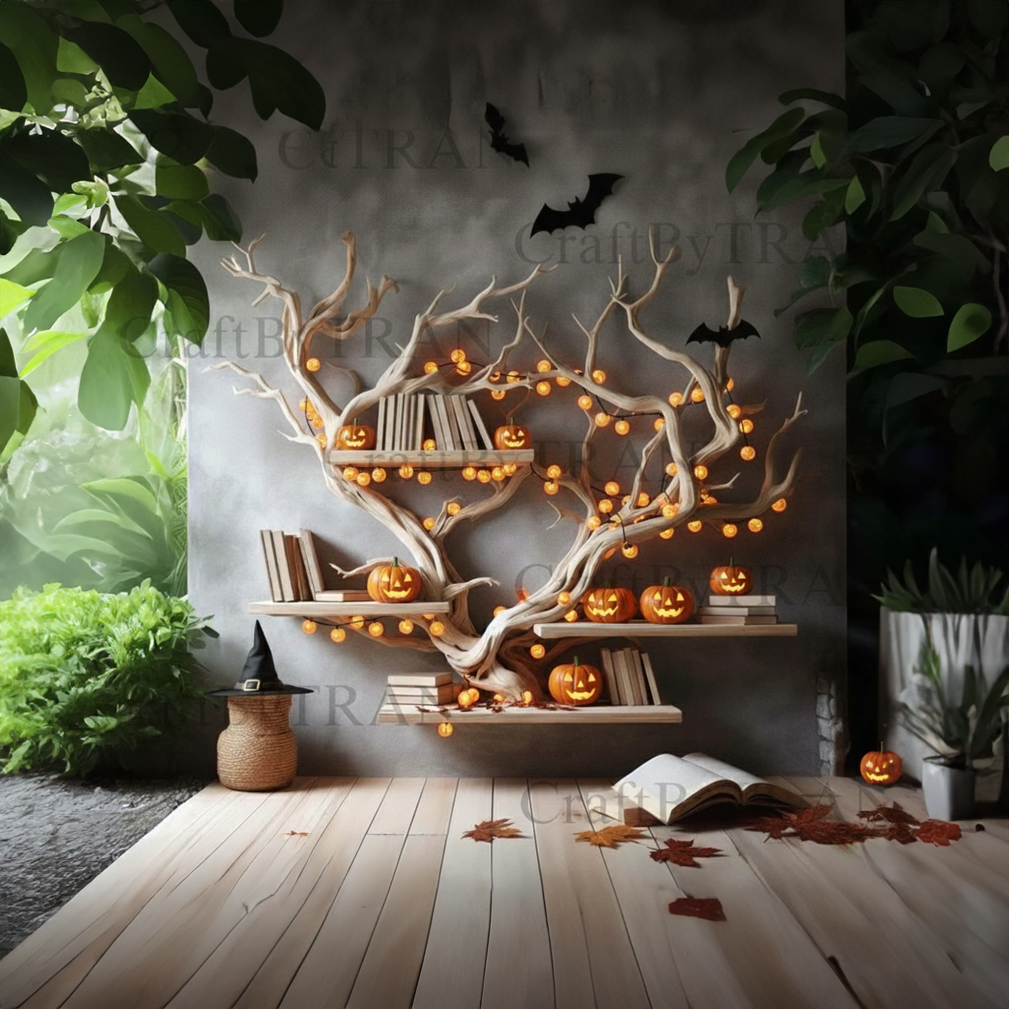 Rustic Tree Branch Bookshelf Halloween Wall Shelf Living Room Decor SINLKIHW050