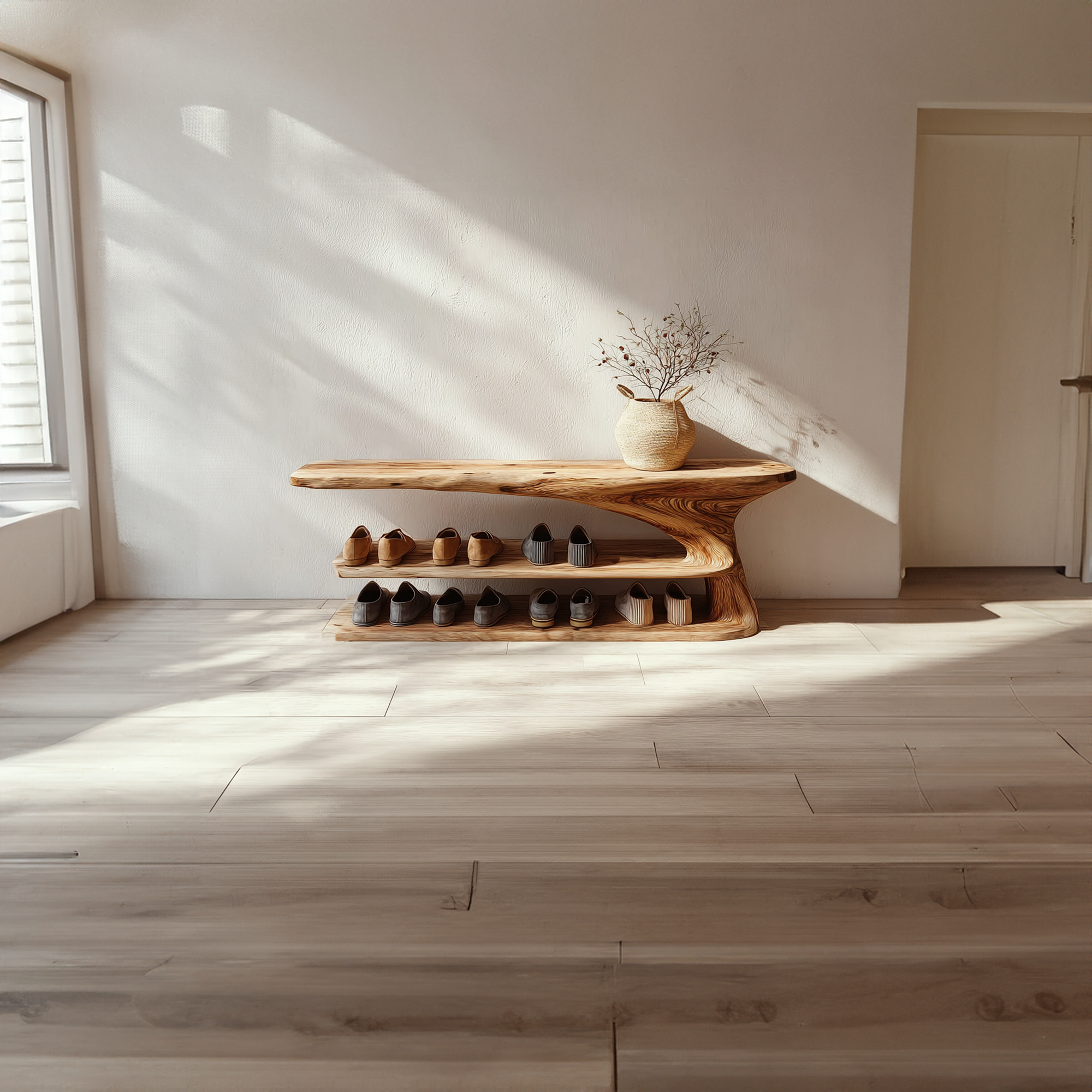 Mid Century Natural Wood Shoe Storage Bench Hallway SINLKISB049