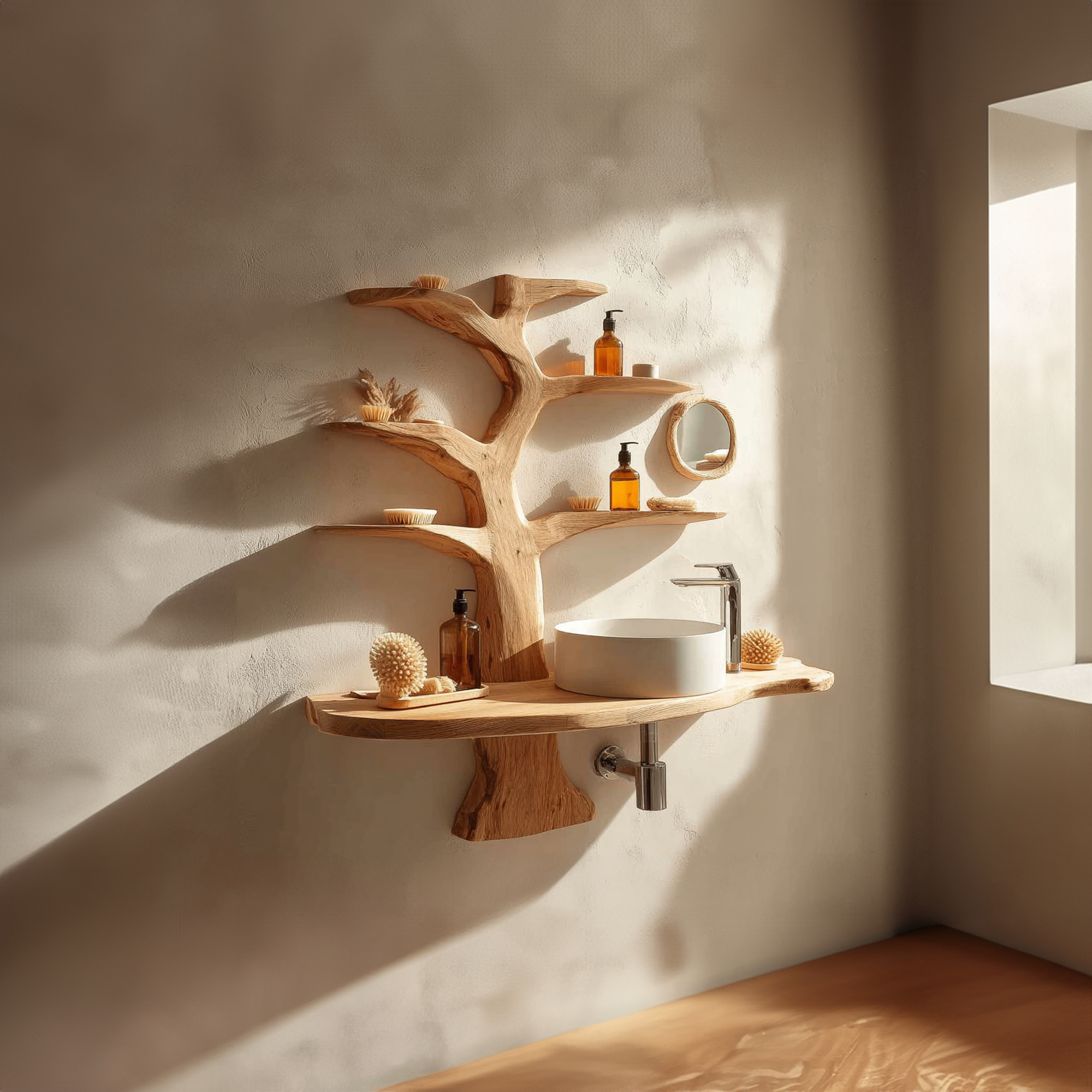 Rustic Wall Mounted Tree Shelf Bathroom Or Powder Space SINLKITBB013