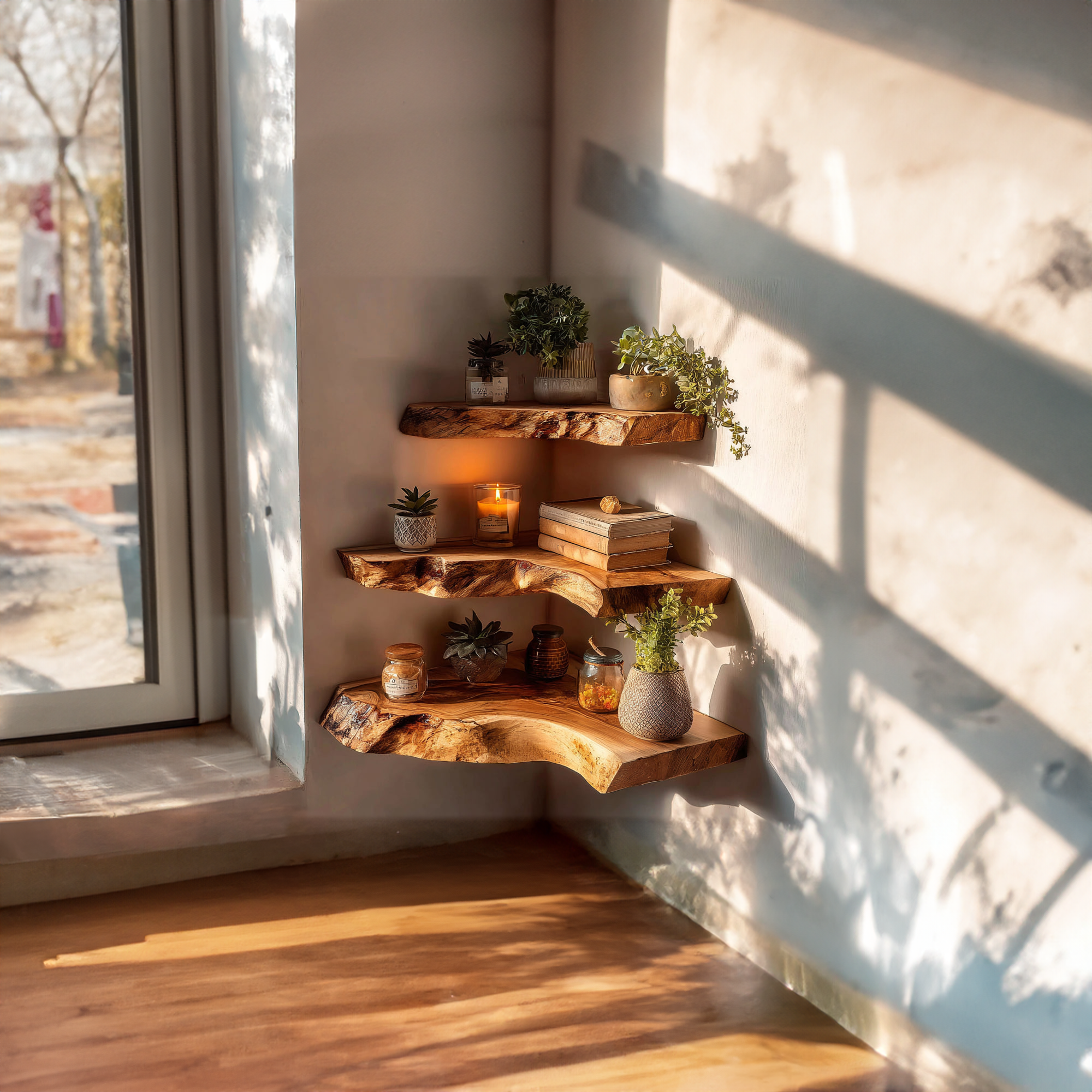 Rustic Live Edge Corner Floating Shelf Handmade for Living Room SINLKIFL306
