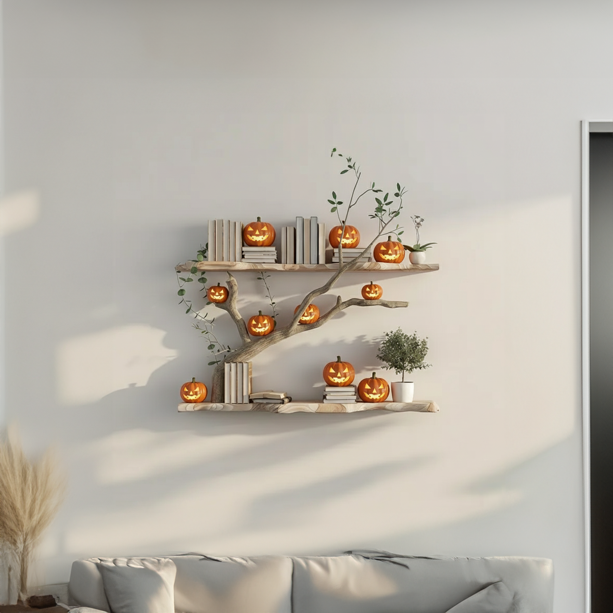 Mid Century Wooden Wall Bookshelf With Tree Branch Design Halloween Style SINLKIHW051