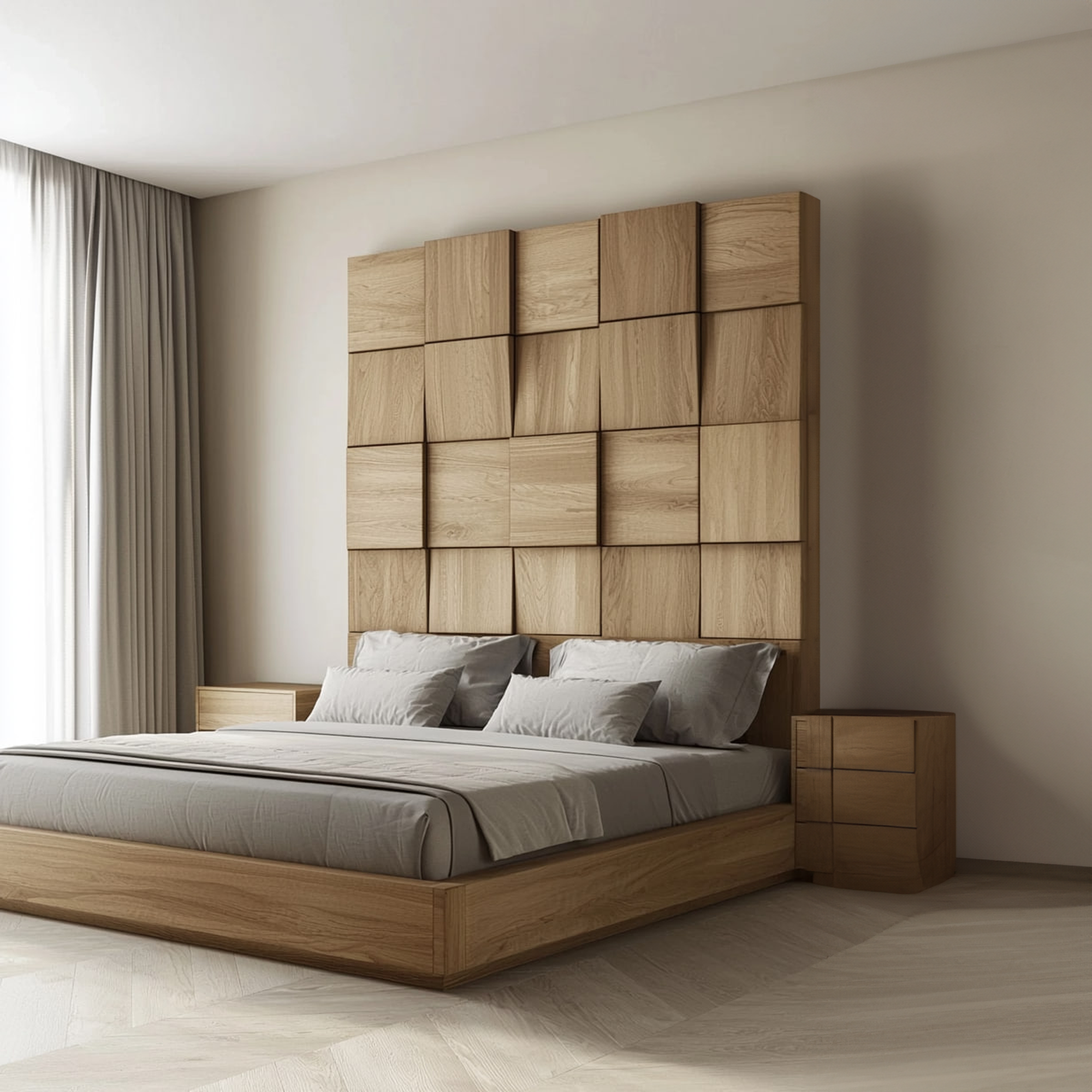 Rustic Organic Wooden Panel Headboard Solid Wood Bedroom Interior Architectural Wall Feature SINLKIDH008D