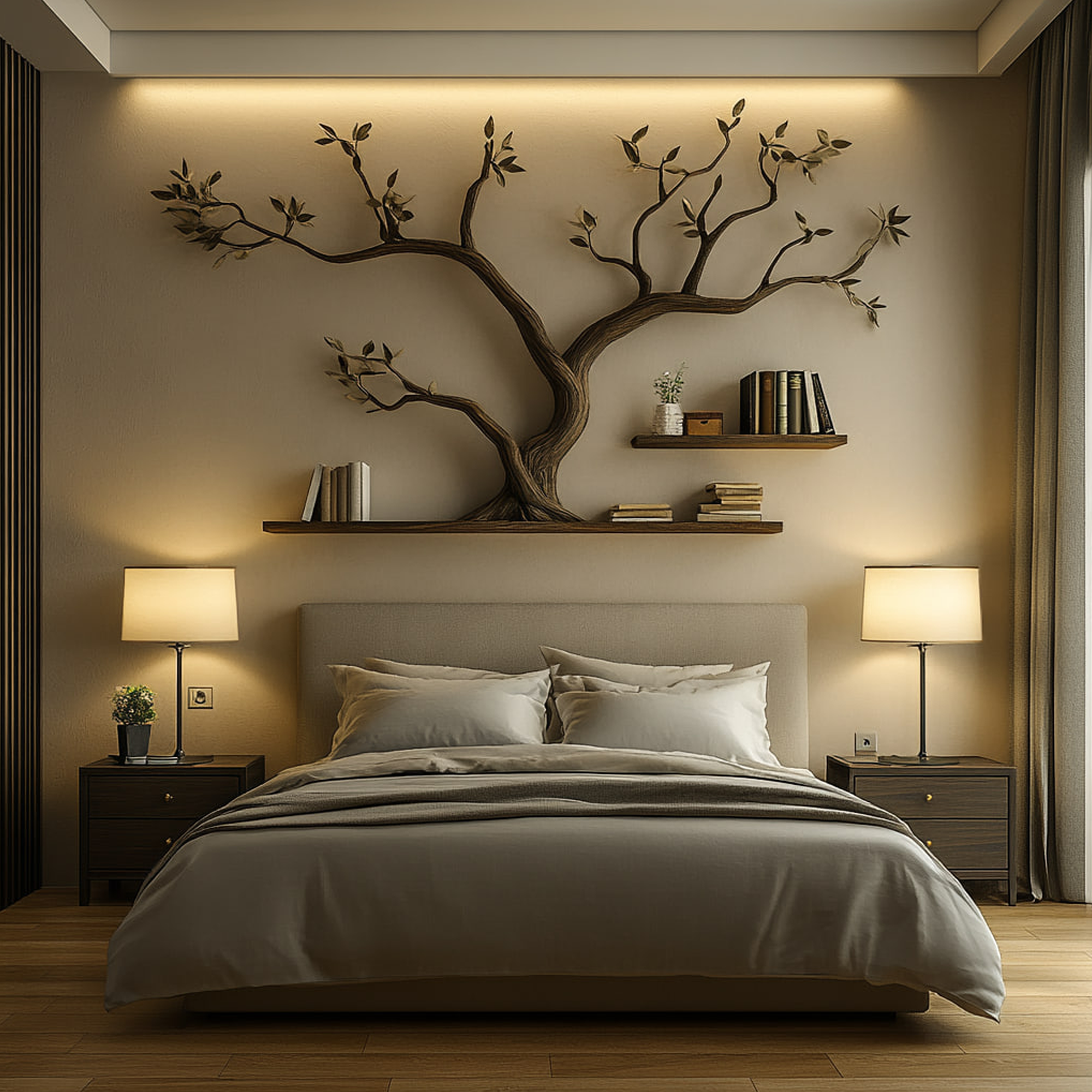 Mid Century Organic Tree Bookshelf Headboard Bedroom Design SINLKITBS094