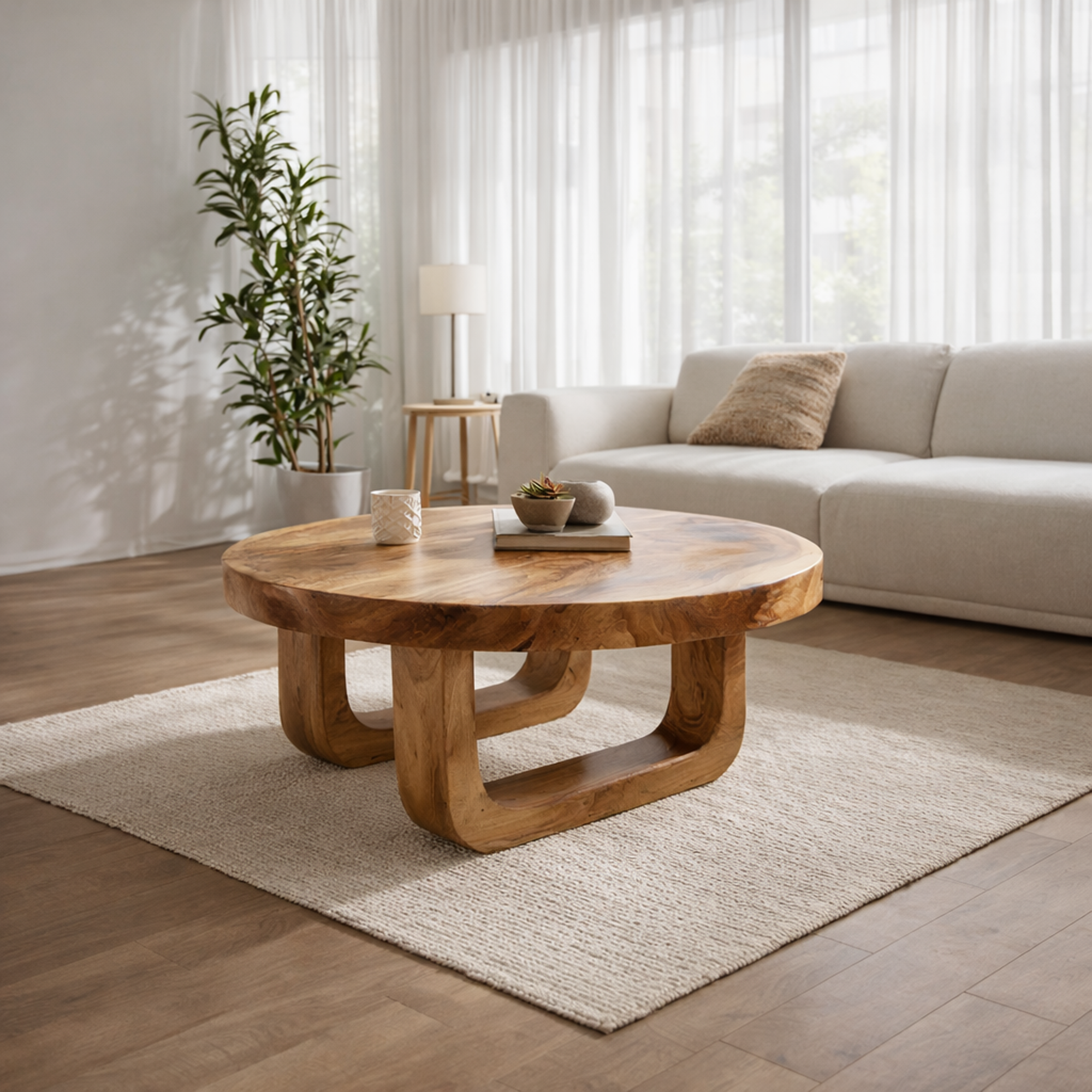 Rounded Base Solid Wood Coffee Table Soft Modern Living Room Interior SINLKICF318
